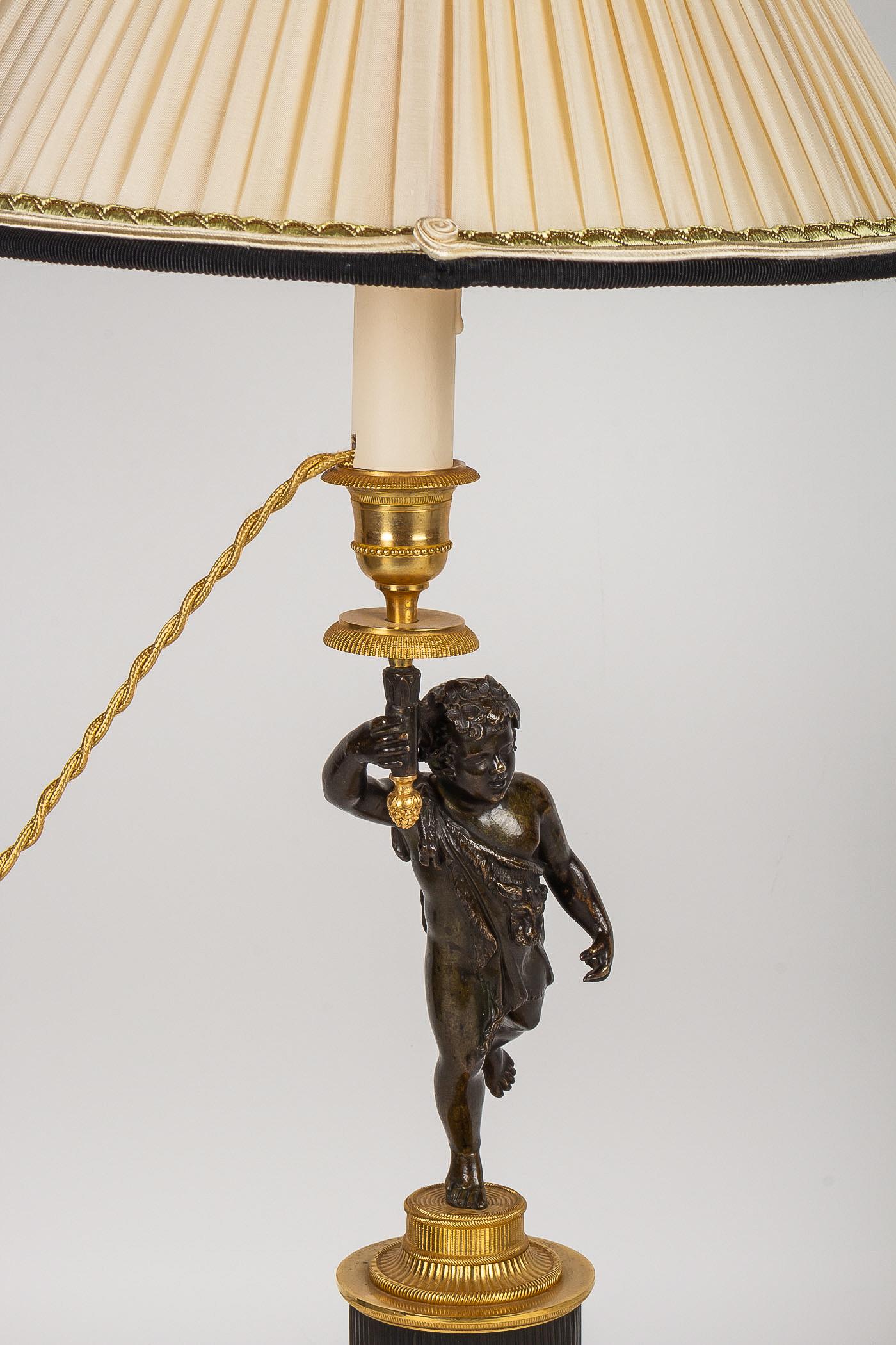 Silk Pair of Patinated and Gilded Candlesticks, Converted in Table-Lamps