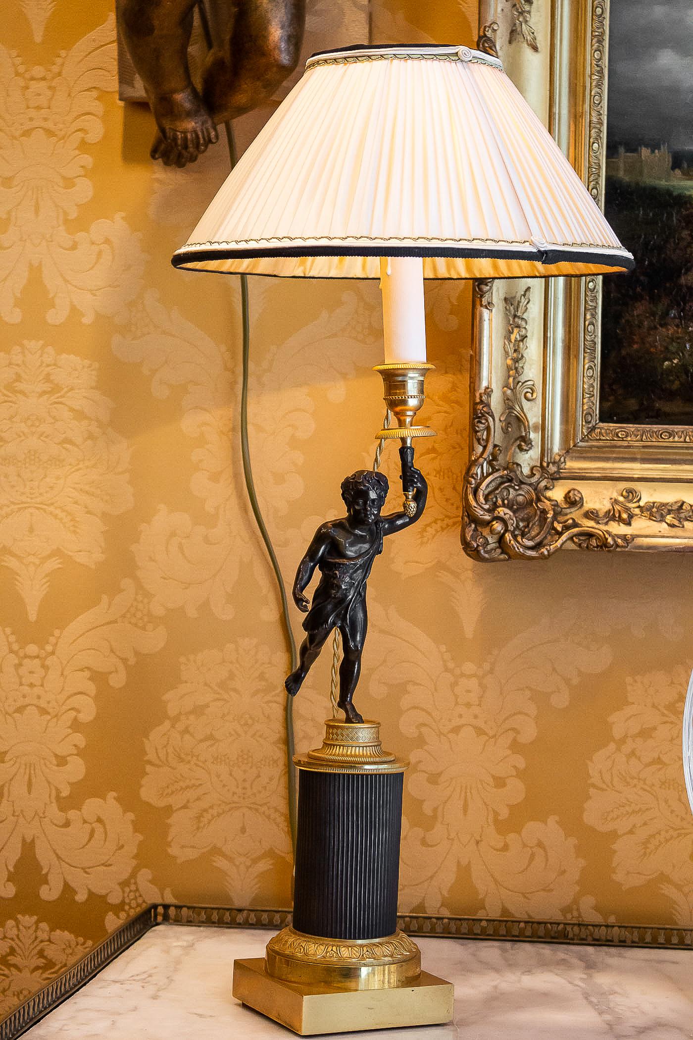 Louis XVI Pair of Patinated and Gilded Candlesticks, Converted in Table-Lamps