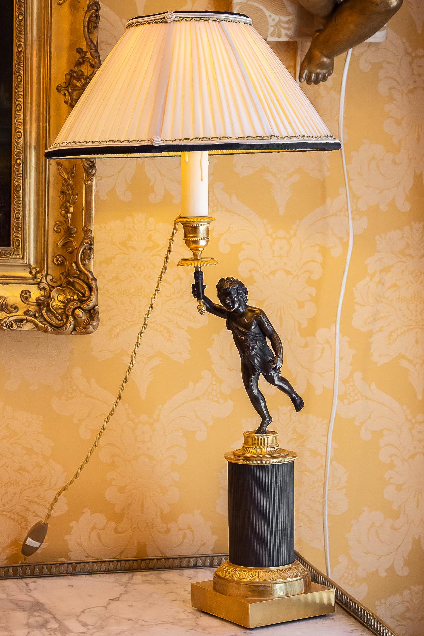 French Pair of Patinated and Gilded Candlesticks, Converted in Table-Lamps