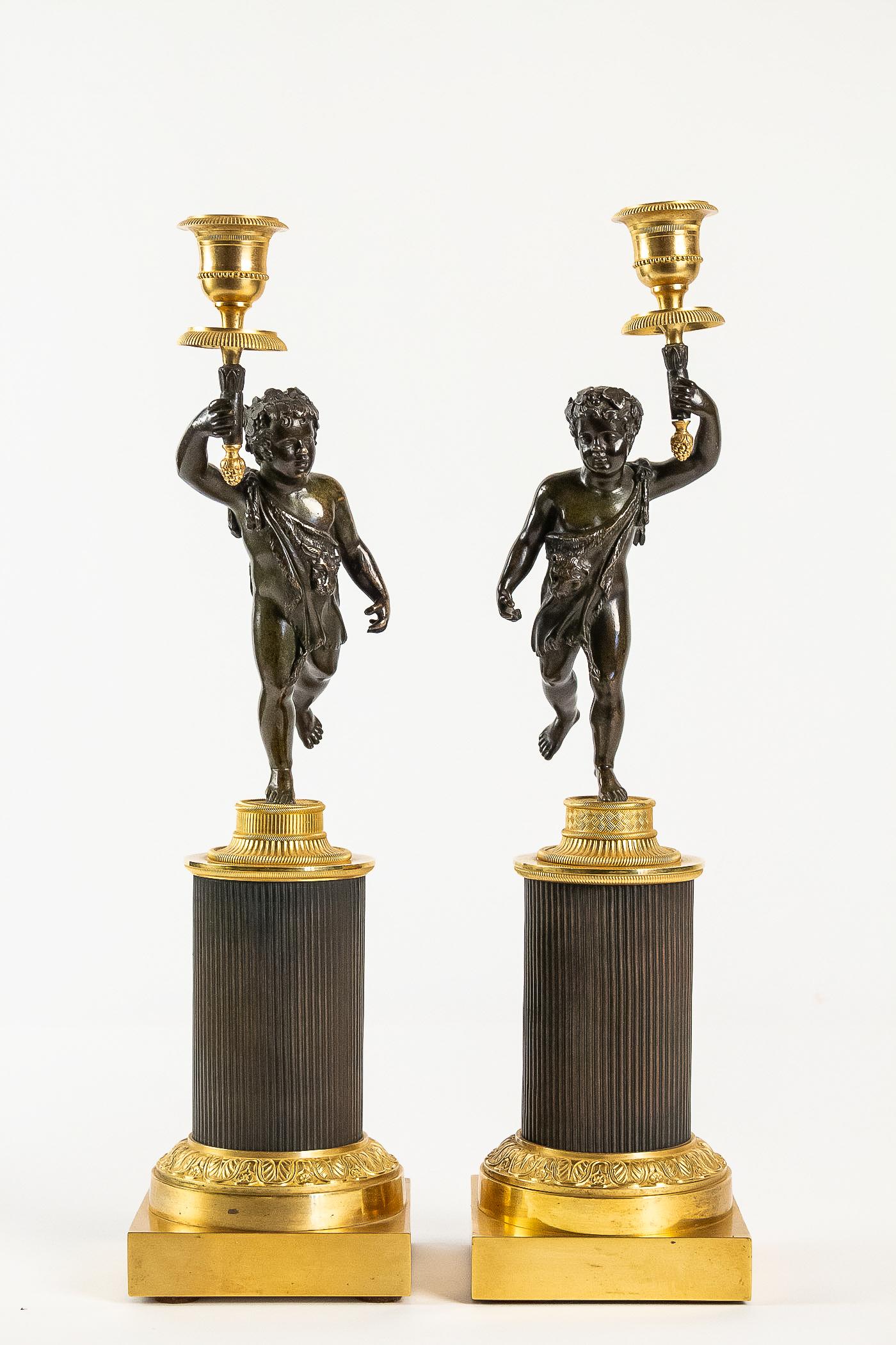 Pair of Patinated and Gilded Candlesticks, Converted in Table-Lamps 7