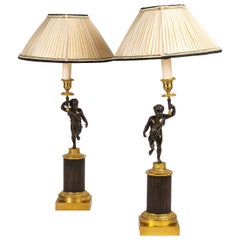 Antique Pair of Patinated and Gilded Candlesticks, Converted in Table-Lamps