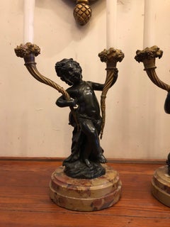 Pair of Patinated and Gilt Bronze 2-Arm Candlesticks