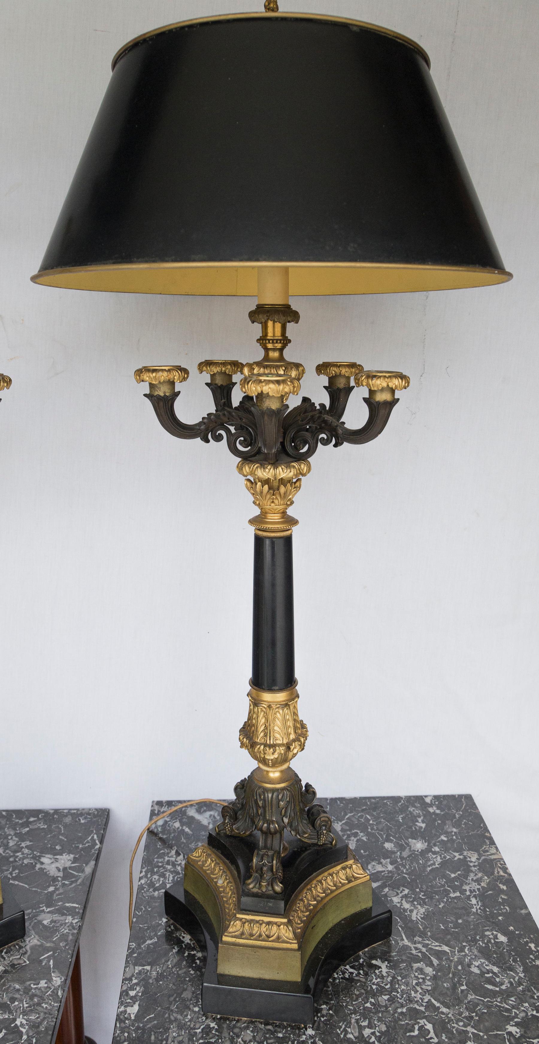 French Pair of Patinated and Gilt Bronze 5 Light Charles X Candelabra