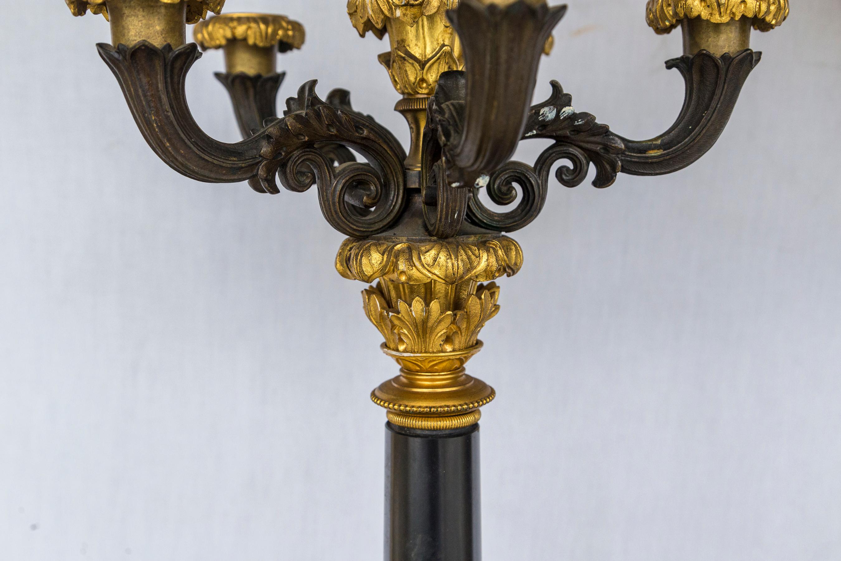 Pair of Patinated and Gilt Bronze 5 Light Charles X Candelabra In Good Condition In Woodbury, CT