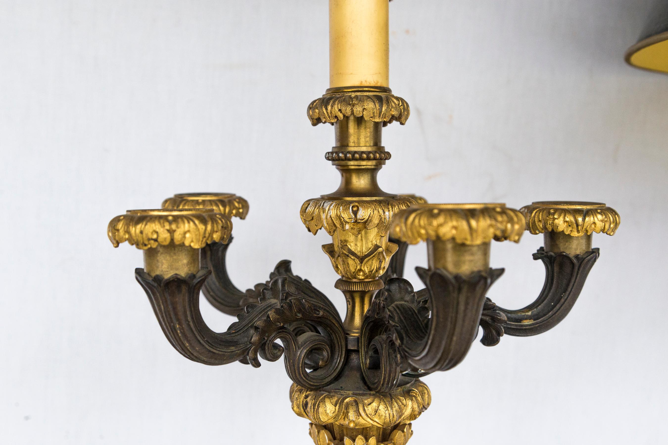 19th Century Pair of Patinated and Gilt Bronze 5 Light Charles X Candelabra