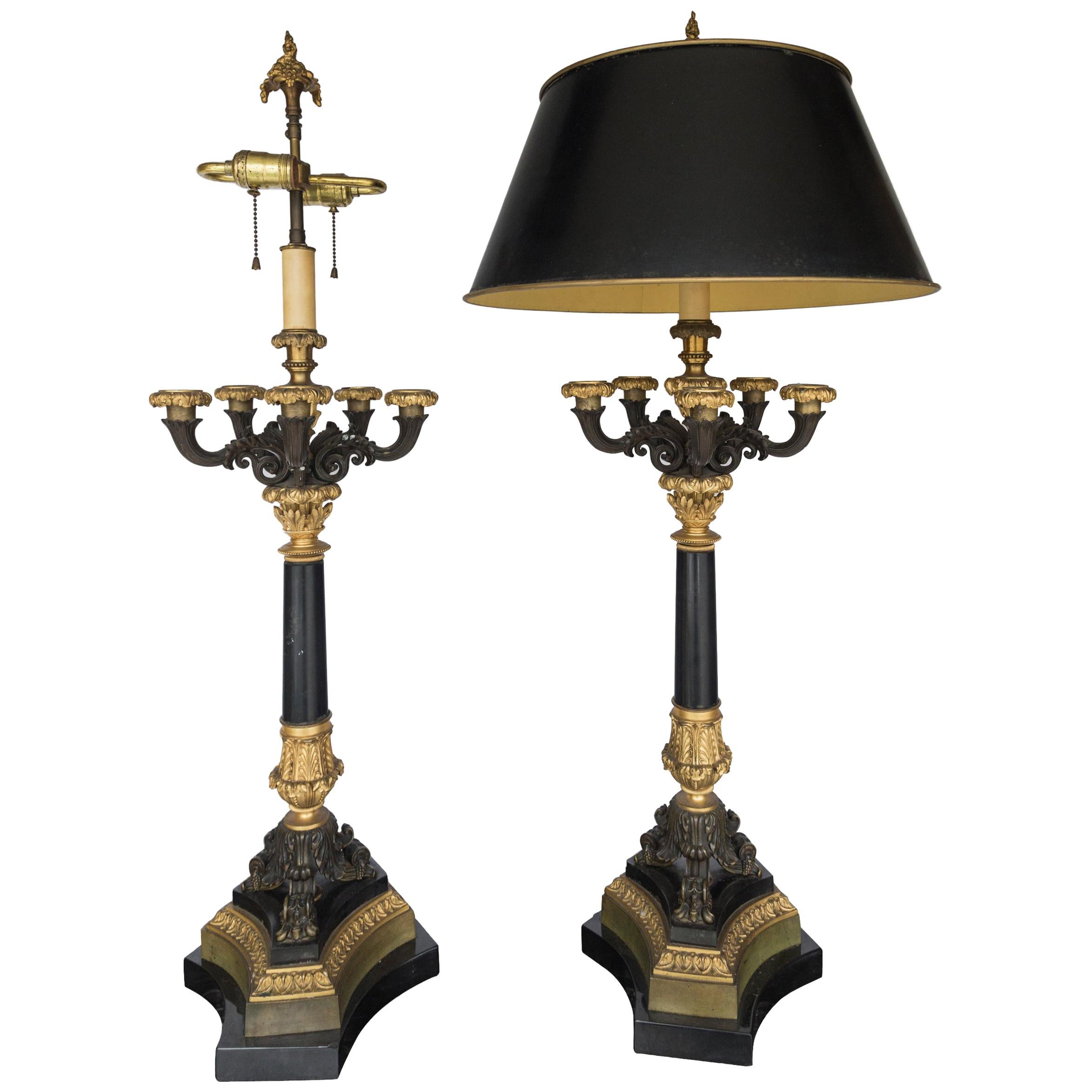 Pair of Patinated and Gilt Bronze 5 Light Charles X Candelabra