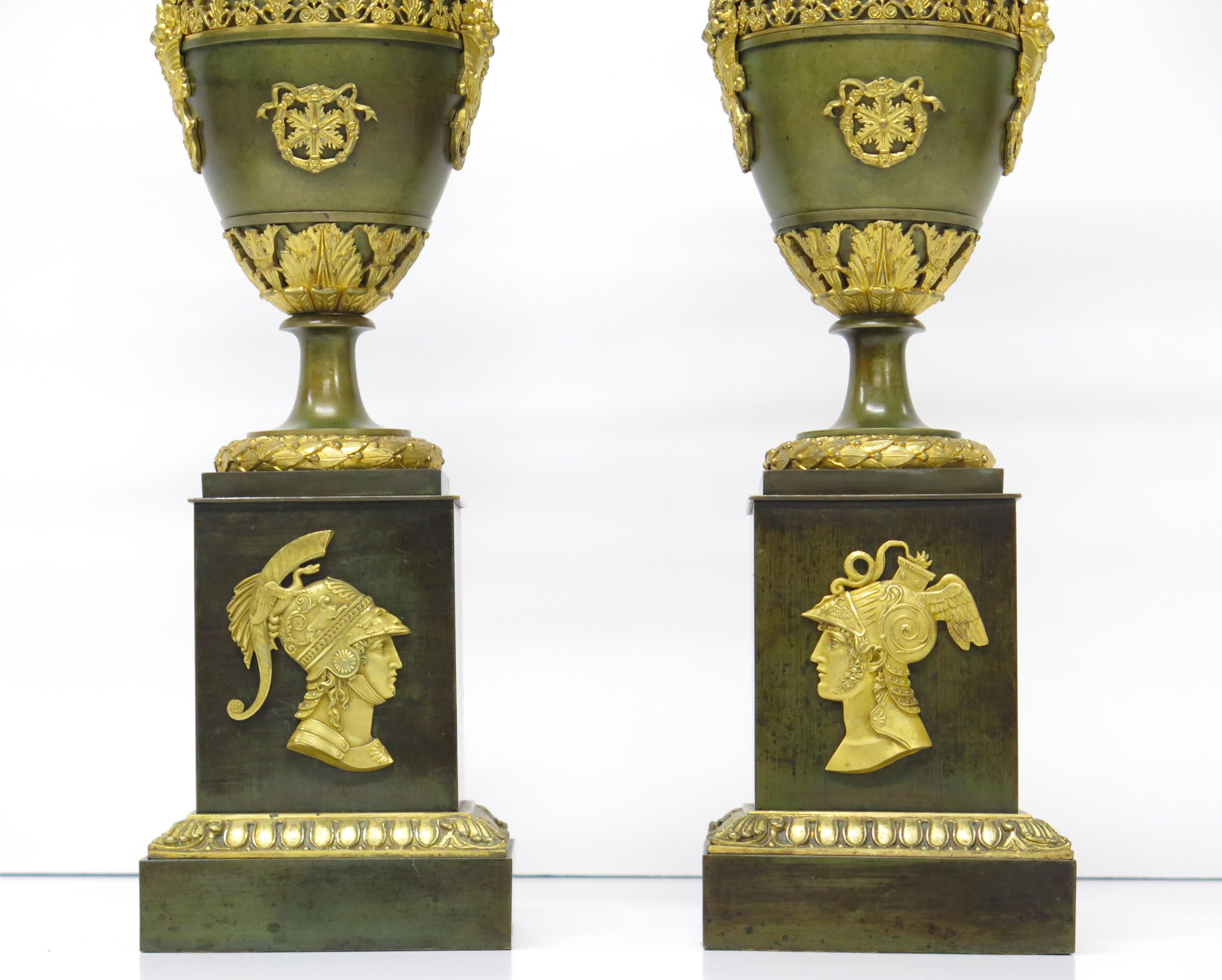 Pair of Patinated and Gilt Bronze French Empire Cassolettes as Custom Lamps 7