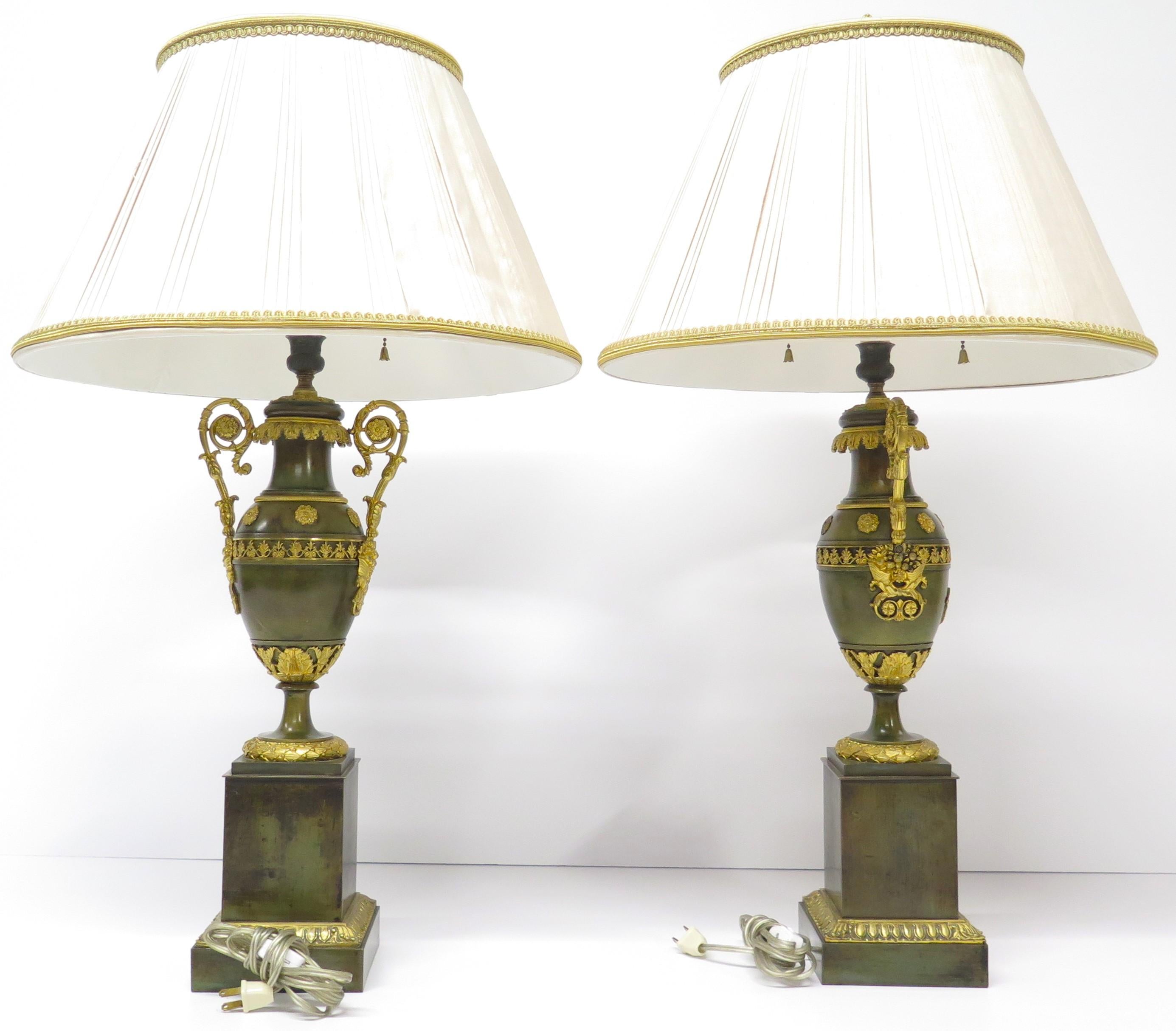 Pair of Patinated and Gilt Bronze French Empire Cassolettes as Custom Lamps 11