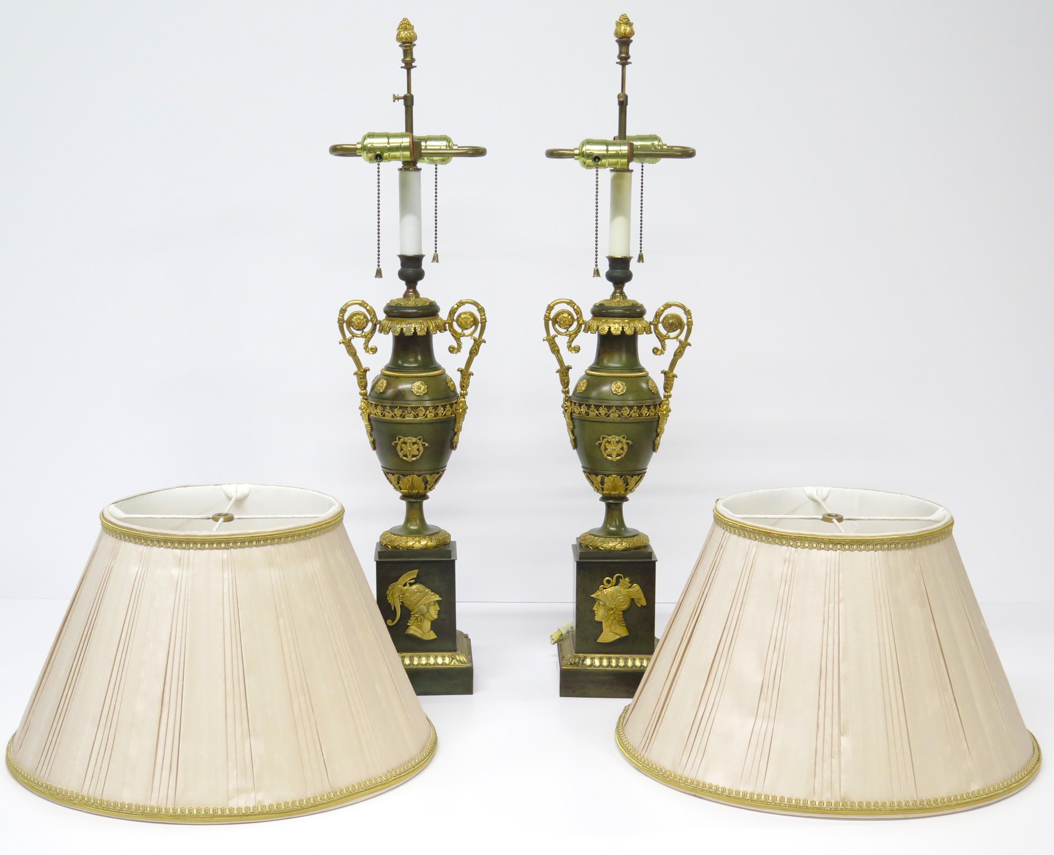 Pair of Patinated and Gilt Bronze French Empire Cassolettes as Custom Lamps 12