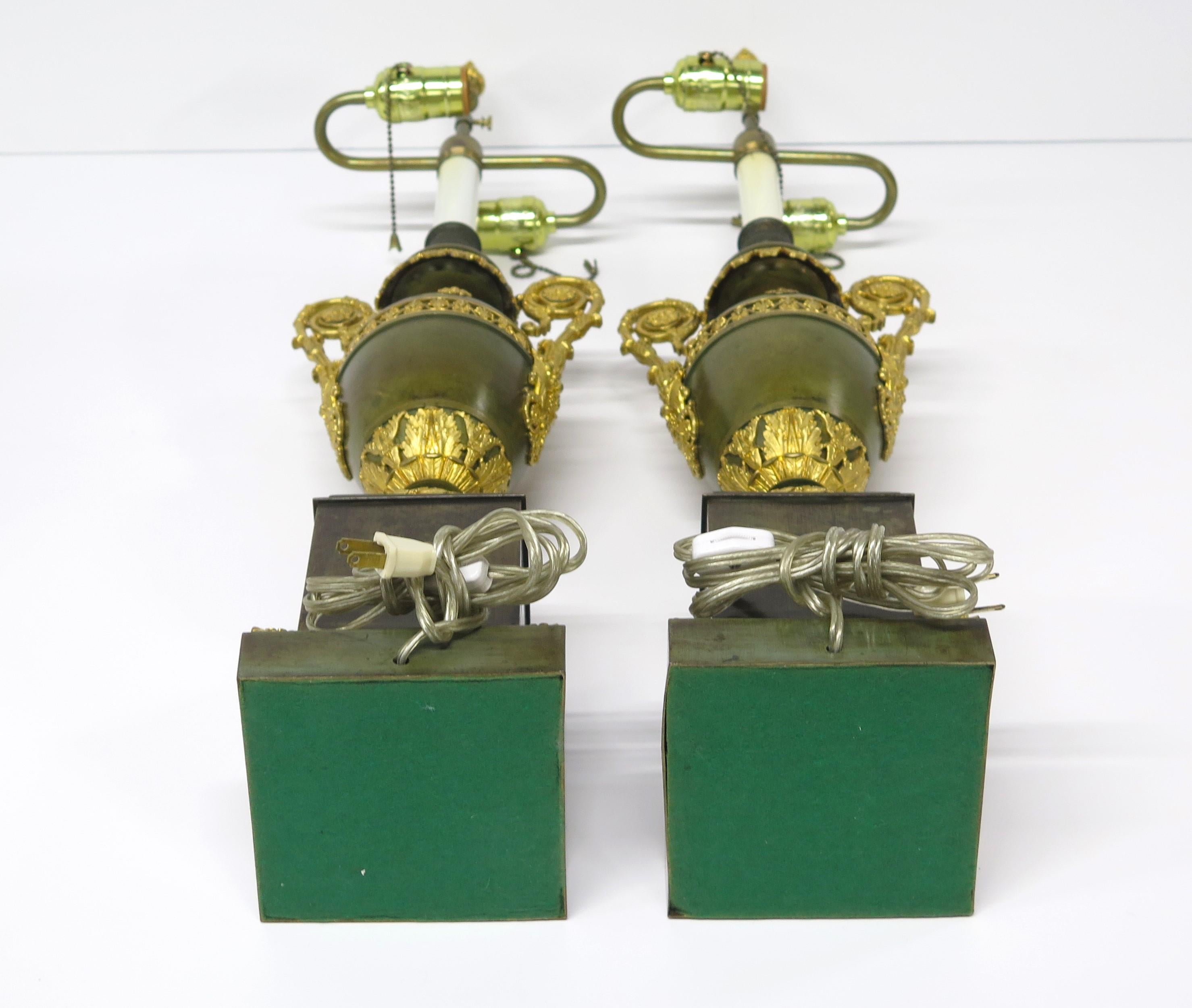 Pair of Patinated and Gilt Bronze French Empire Cassolettes as Custom Lamps 13