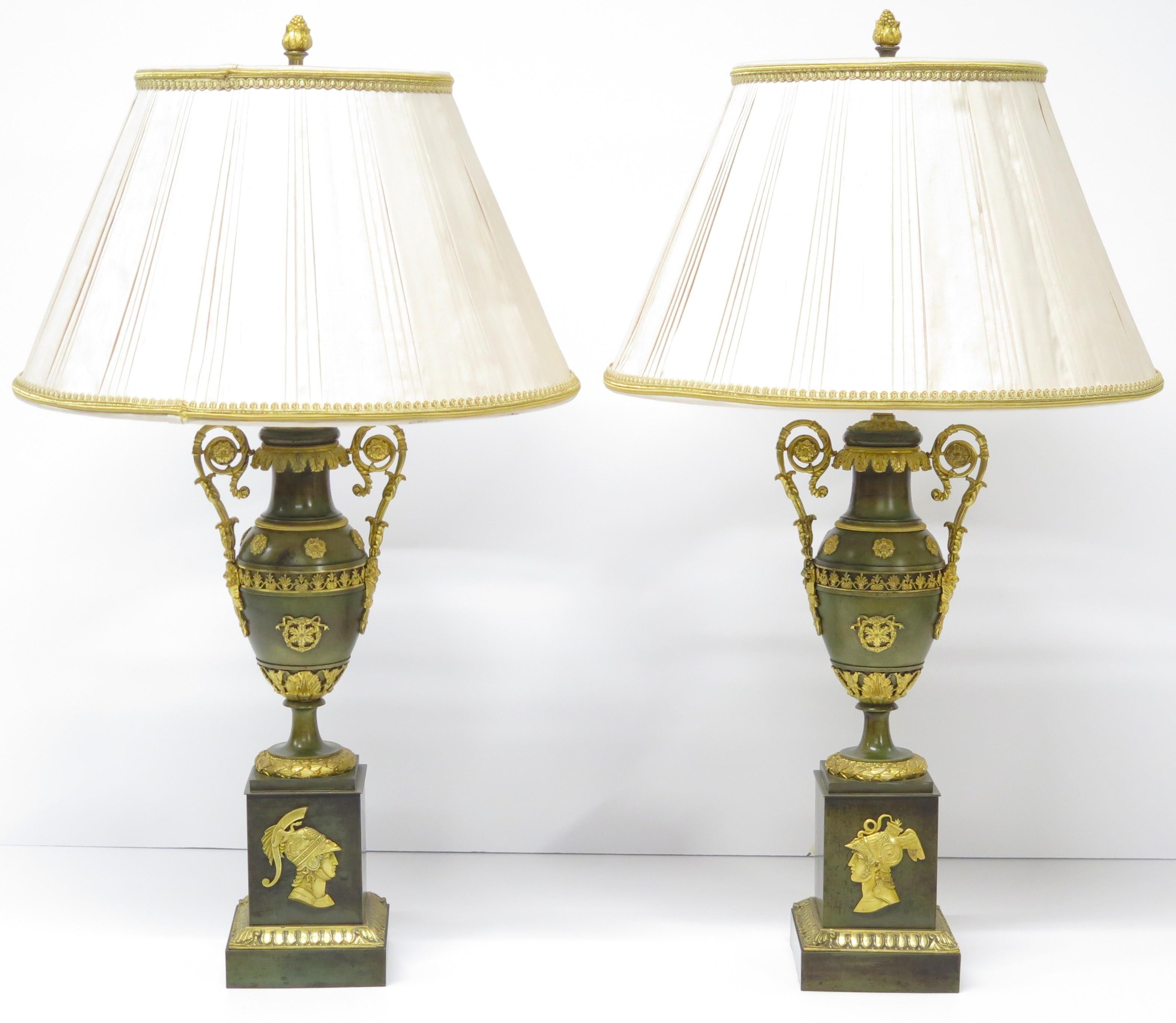 Pair of Patinated and Gilt Bronze French Empire Cassolettes as Custom Lamps 14