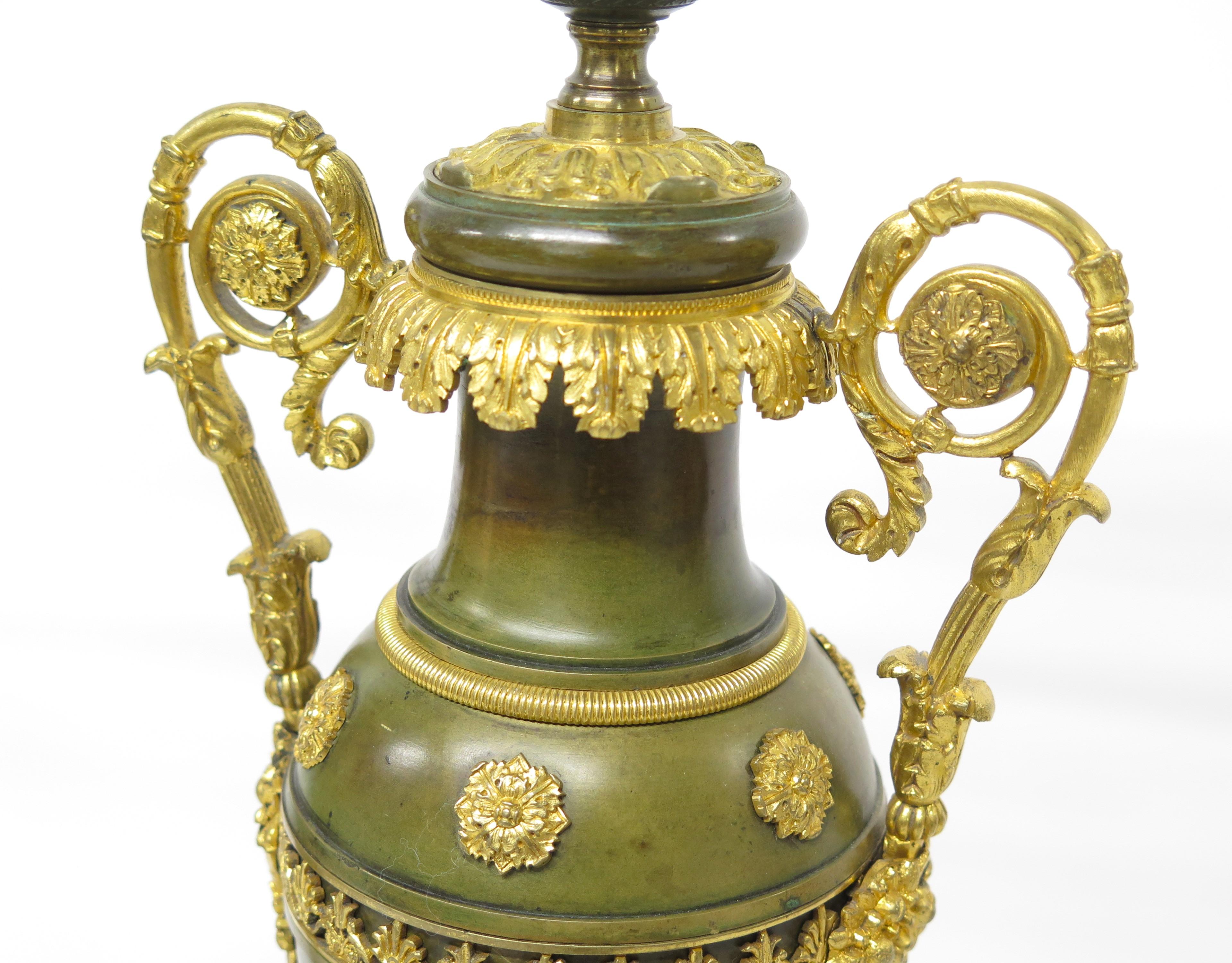 Pair of Patinated and Gilt Bronze French Empire Cassolettes as Custom Lamps 3
