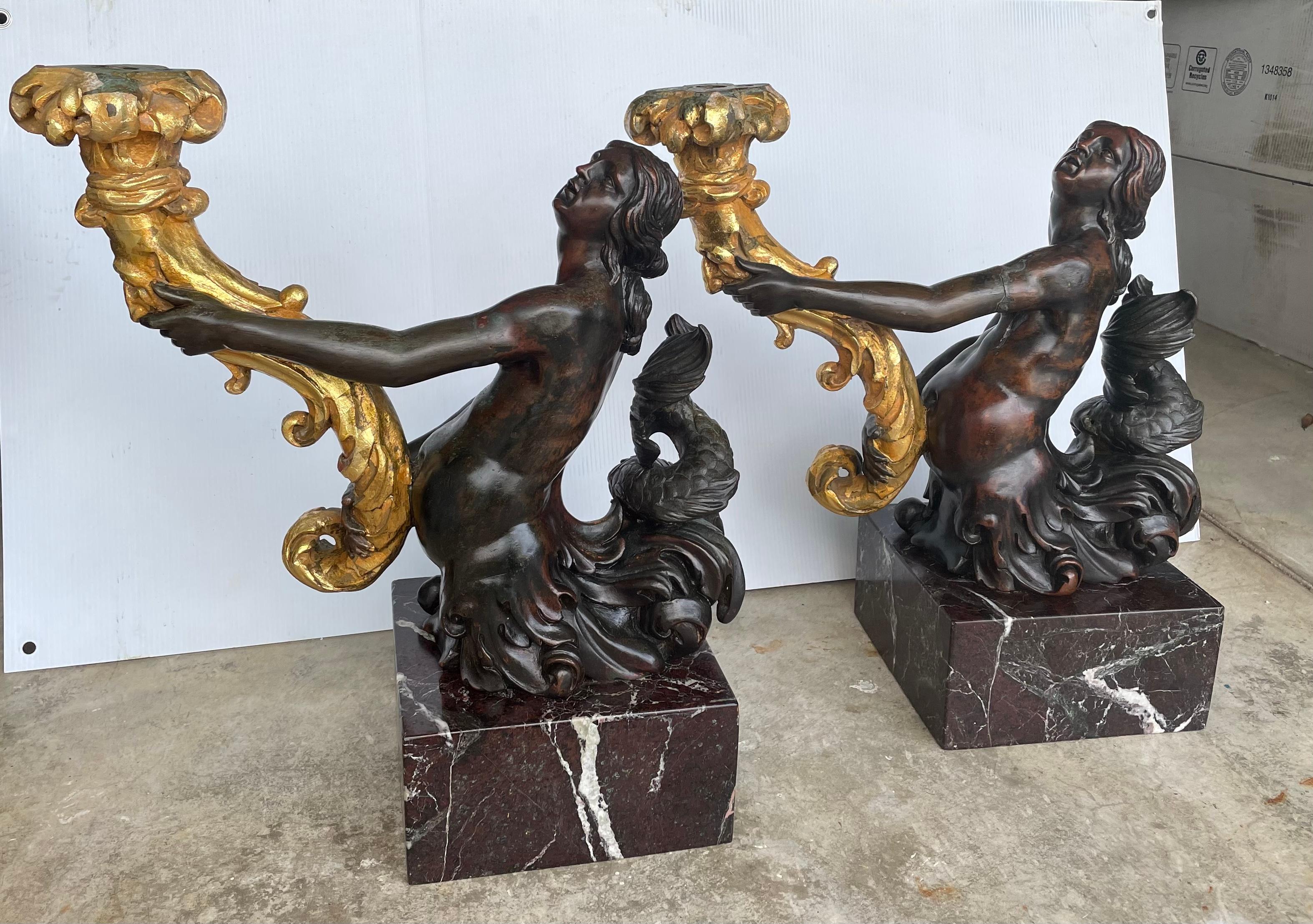 Pair of Patinated and Gilt Bronze Mermaids Sculpture Torcheres/Candelabras For Sale 13