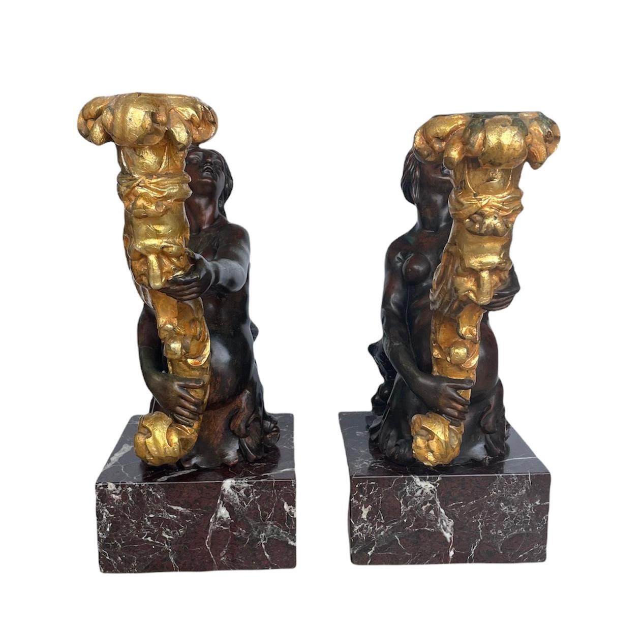 Unknown Pair of Patinated and Gilt Bronze Mermaids Sculpture Torcheres/Candelabras For Sale