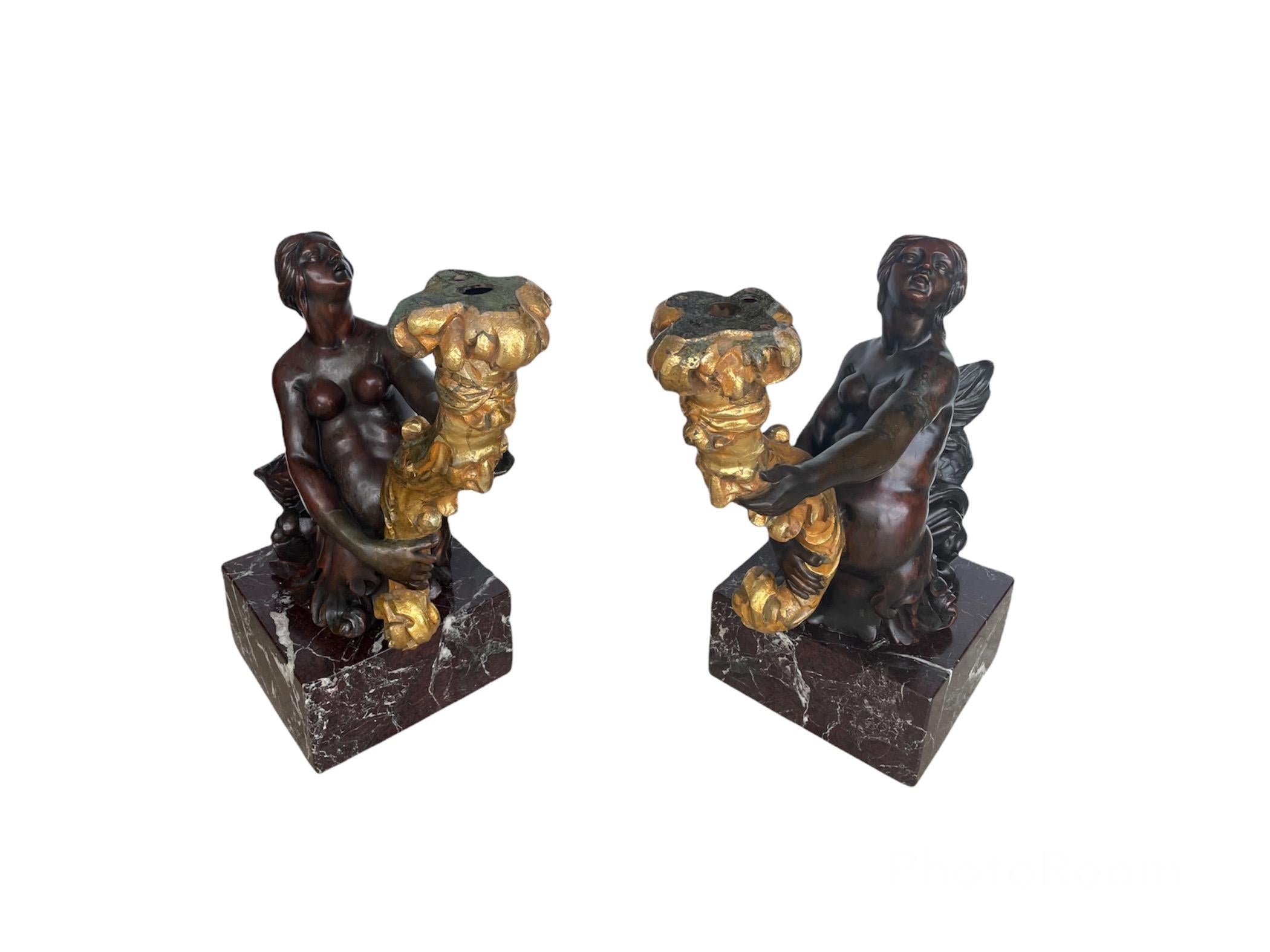 Pair of Patinated and Gilt Bronze Mermaids Sculpture Torcheres/Candelabras In Good Condition For Sale In Guaynabo, PR