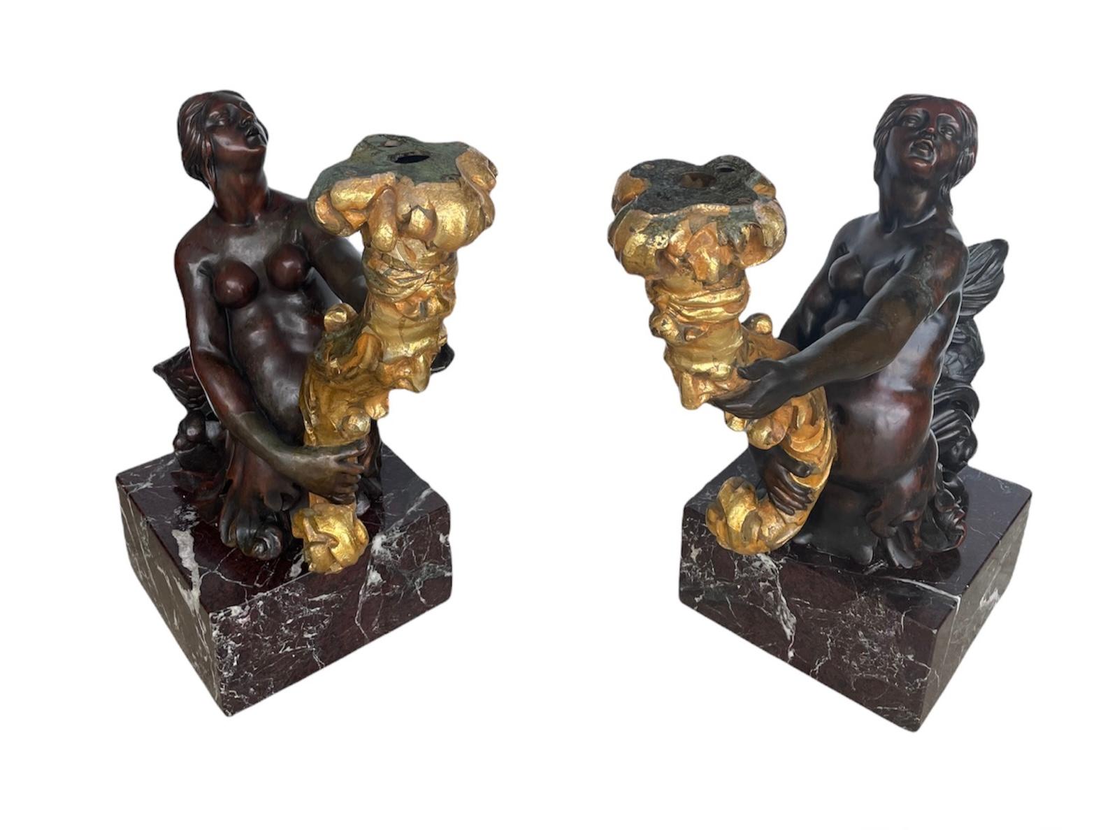 Pair of Patinated and Gilt Bronze Mermaids Sculpture Torcheres/Candelabras For Sale 1