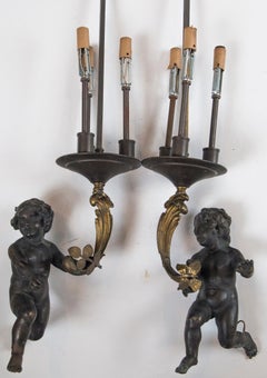 Pair of Patinated and Gilt Bronze Pendant Lights