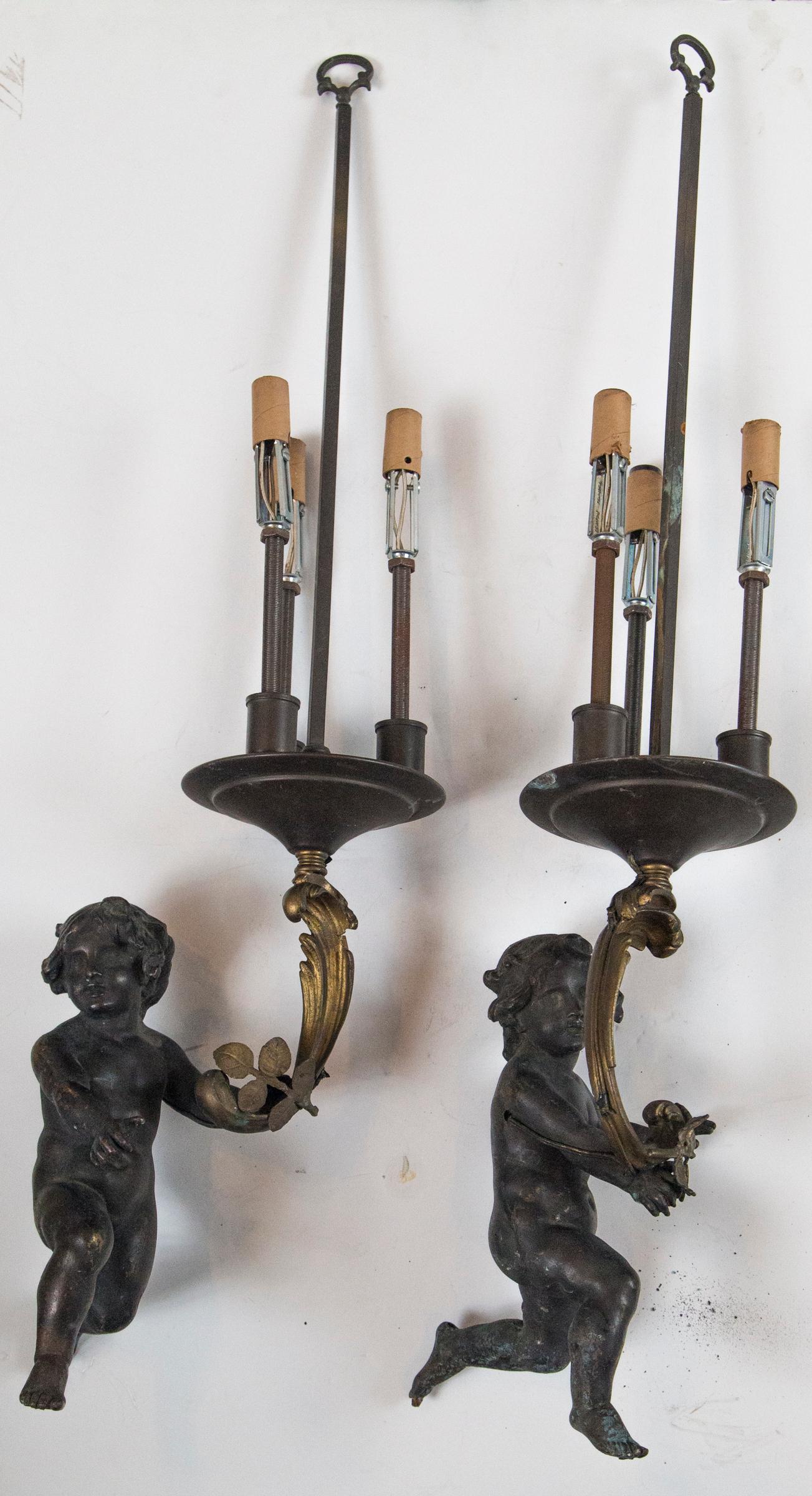 Pair of Patinated and Gilt Bronze Pendant Lights For Sale 2