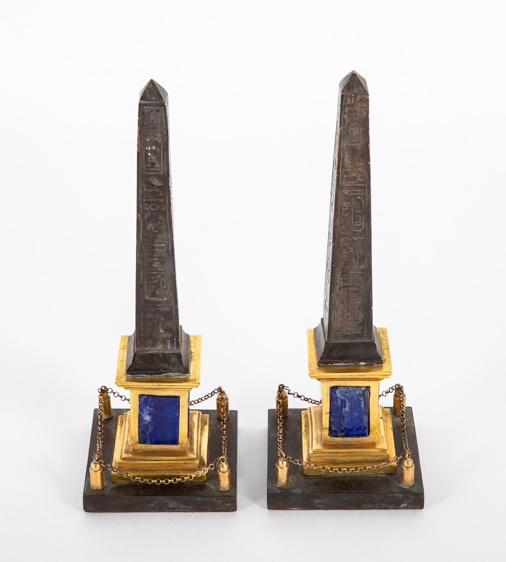 Pair of Patinated and Gilt Hieroglyphed Roman Obelisks In Good Condition For Sale In Stamford, CT
