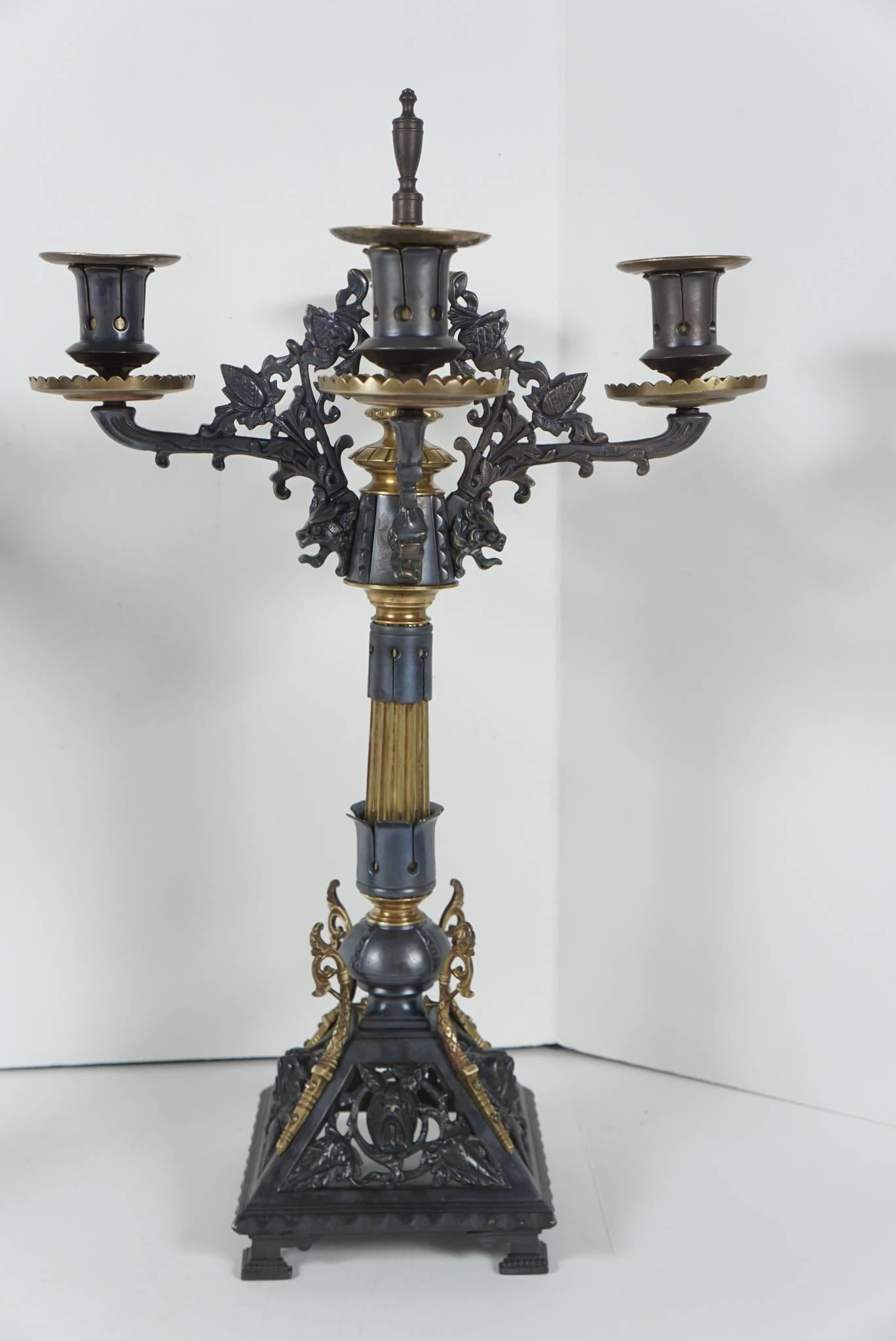 Cast Pair of Patinated and Polished Bronze Renaissance Revival Candelabra For Sale