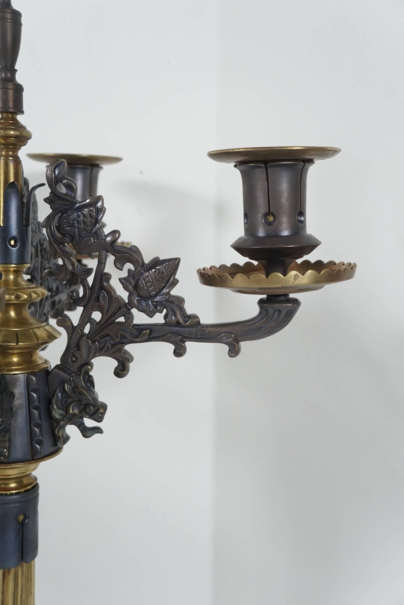 Pair of Patinated and Polished Bronze Renaissance Revival Candelabra In Good Condition For Sale In Hudson, NY