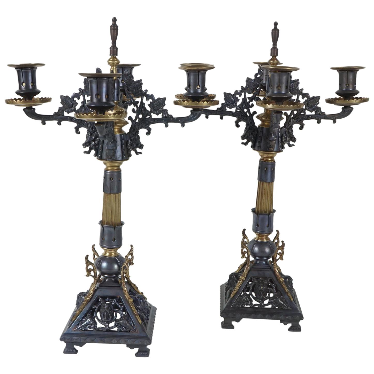 Pair of Patinated and Polished Bronze Renaissance Revival Candelabra