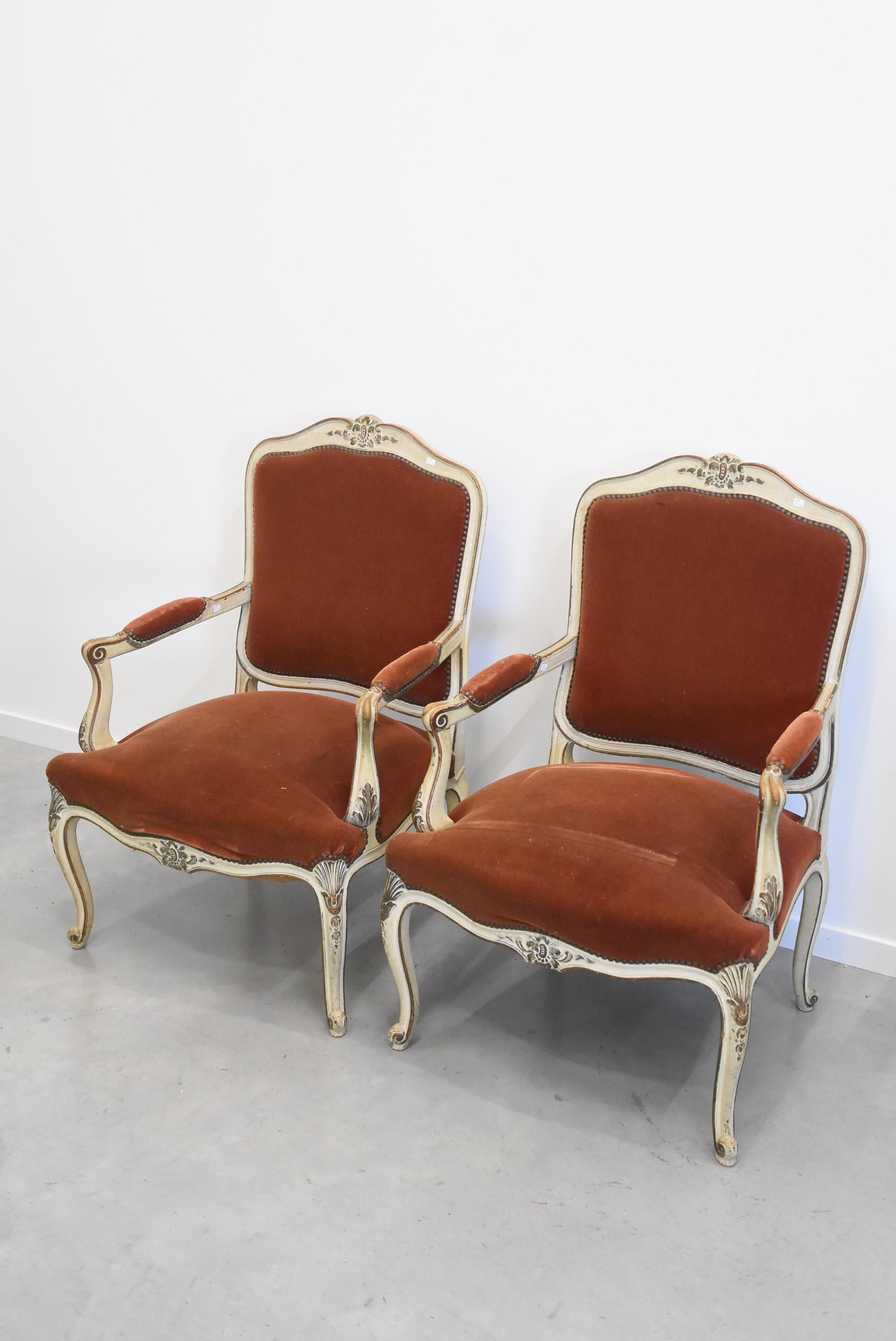 Pair of Patinated Armchairs, Louis XV Style, circa 1930-1950 5