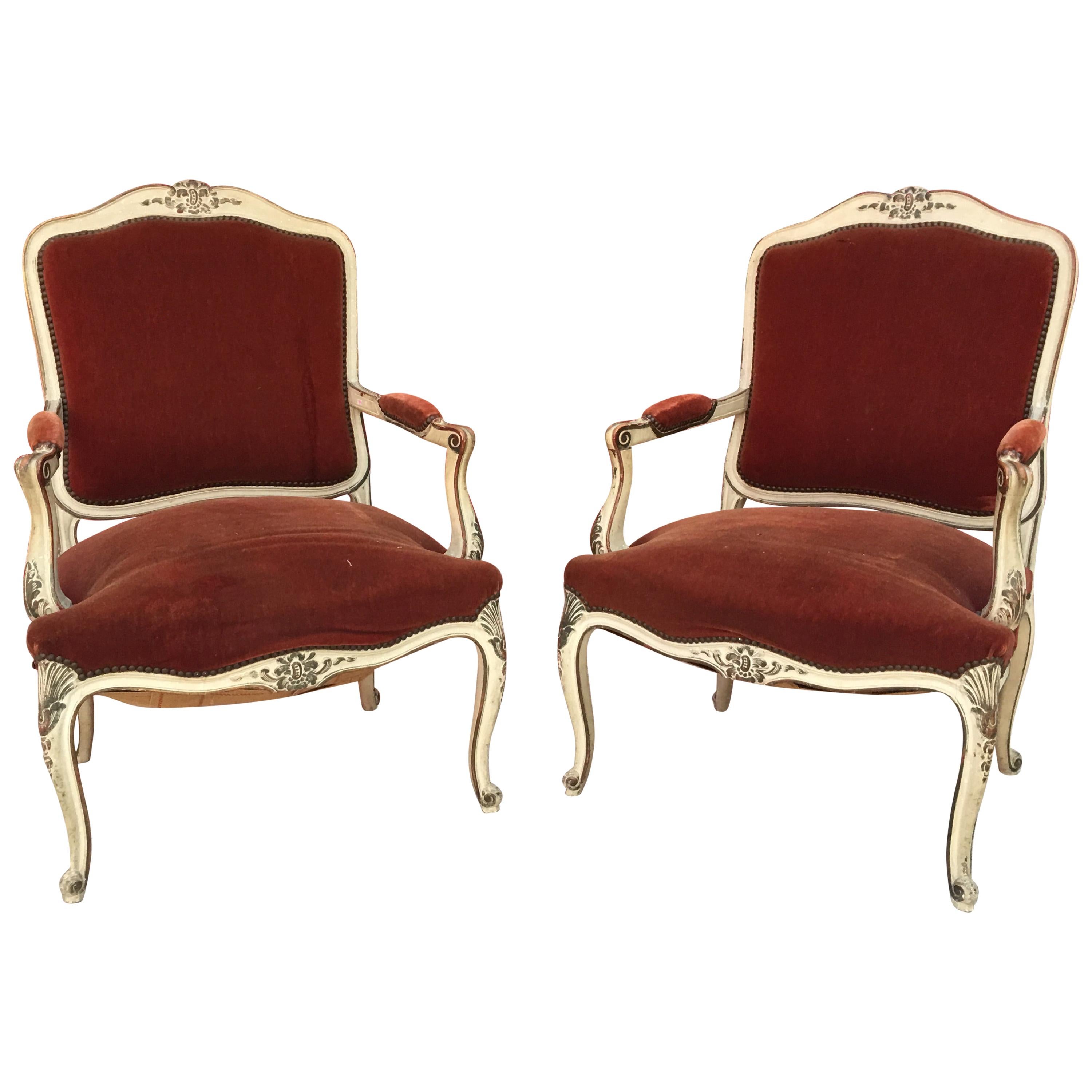 Pair of Patinated Armchairs, Louis XV Style, circa 1930-1950