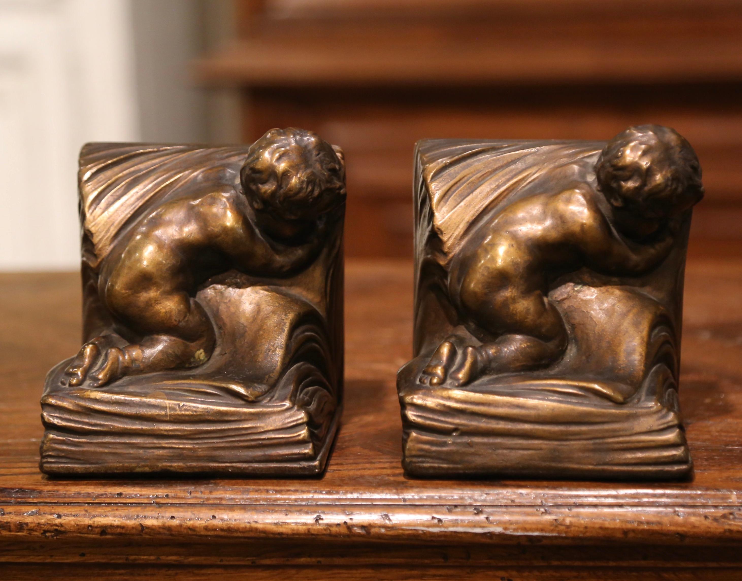 Hand-Crafted Pair of Patinated Armor Bronze Cherub Bookends Signed and Dated CA Johnson 1914