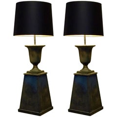 Pair of Patinated Blue and Gray Wood Lamps