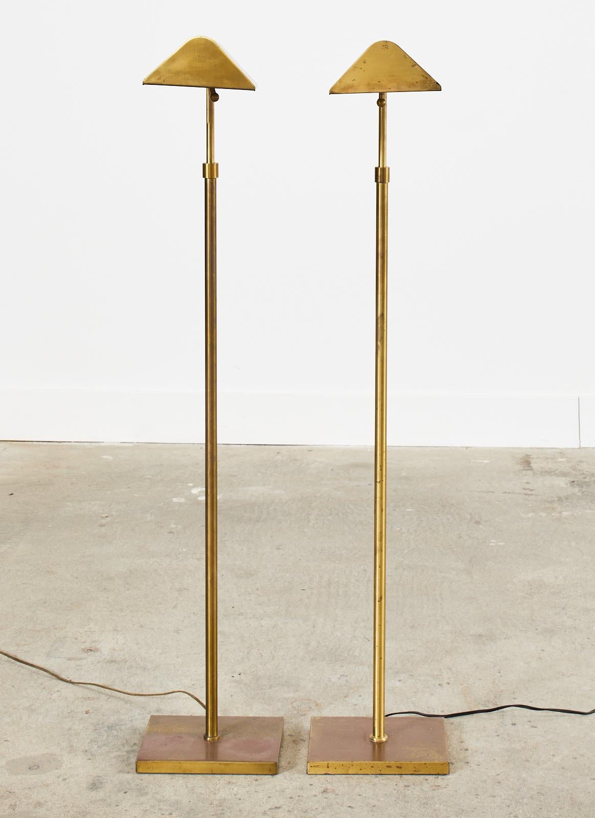 Pair of Patinated Brass Adjustable Pharmacy Floor Lamps 4