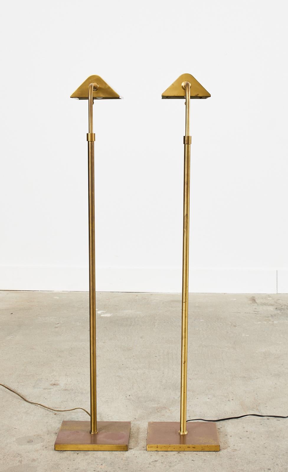 Pair of Patinated Brass Adjustable Pharmacy Floor Lamps 10