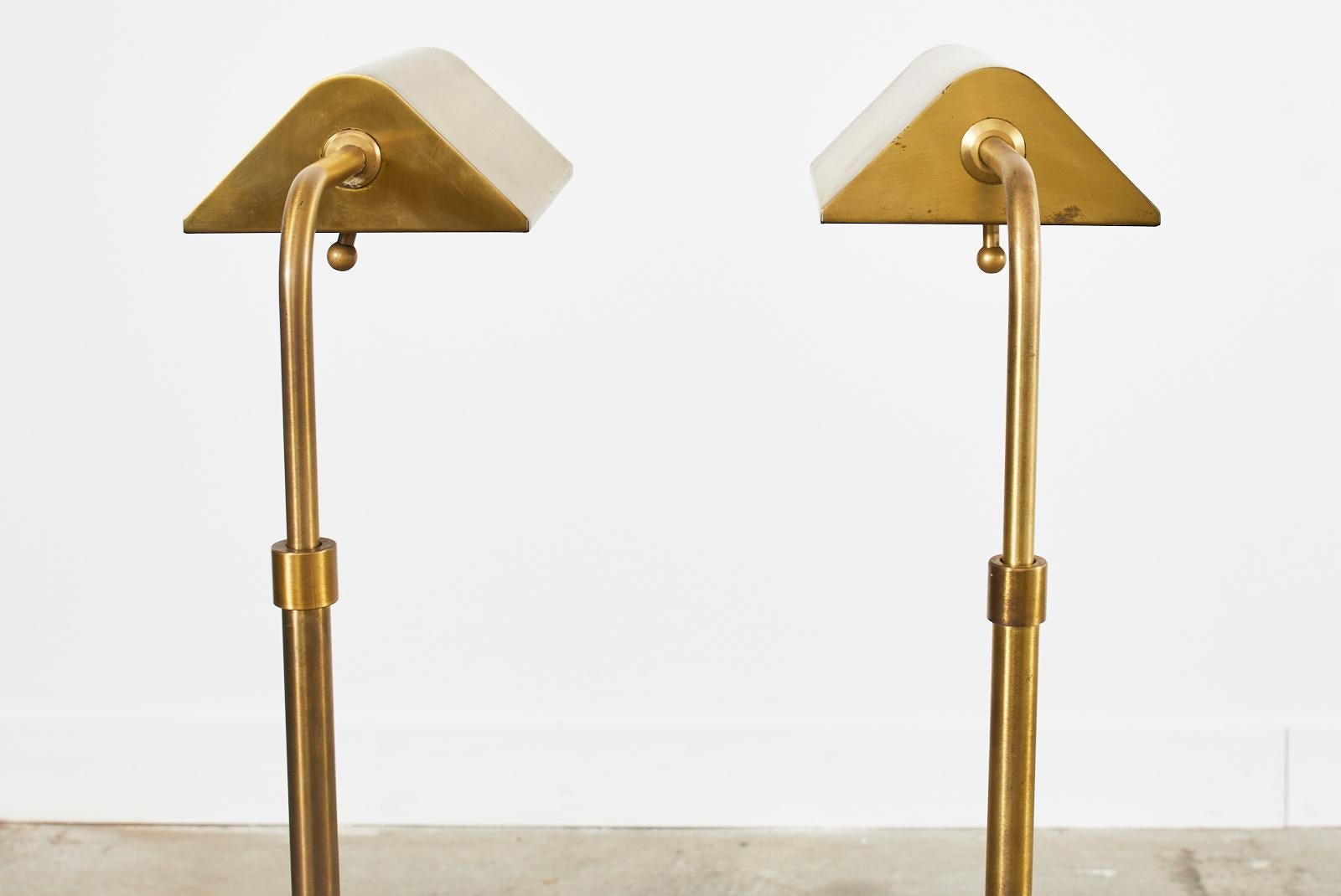 Pair of Patinated Brass Adjustable Pharmacy Floor Lamps 11