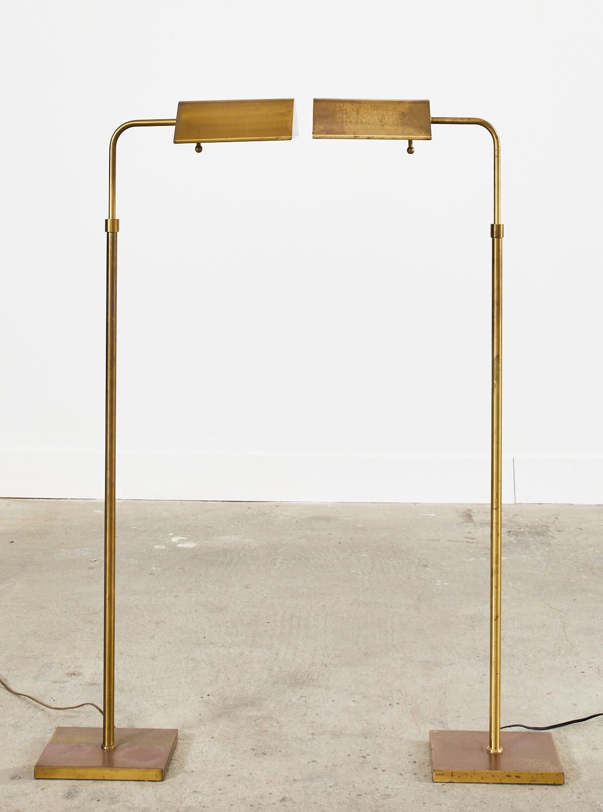 Pair of Patinated Brass Adjustable Pharmacy Floor Lamps 13