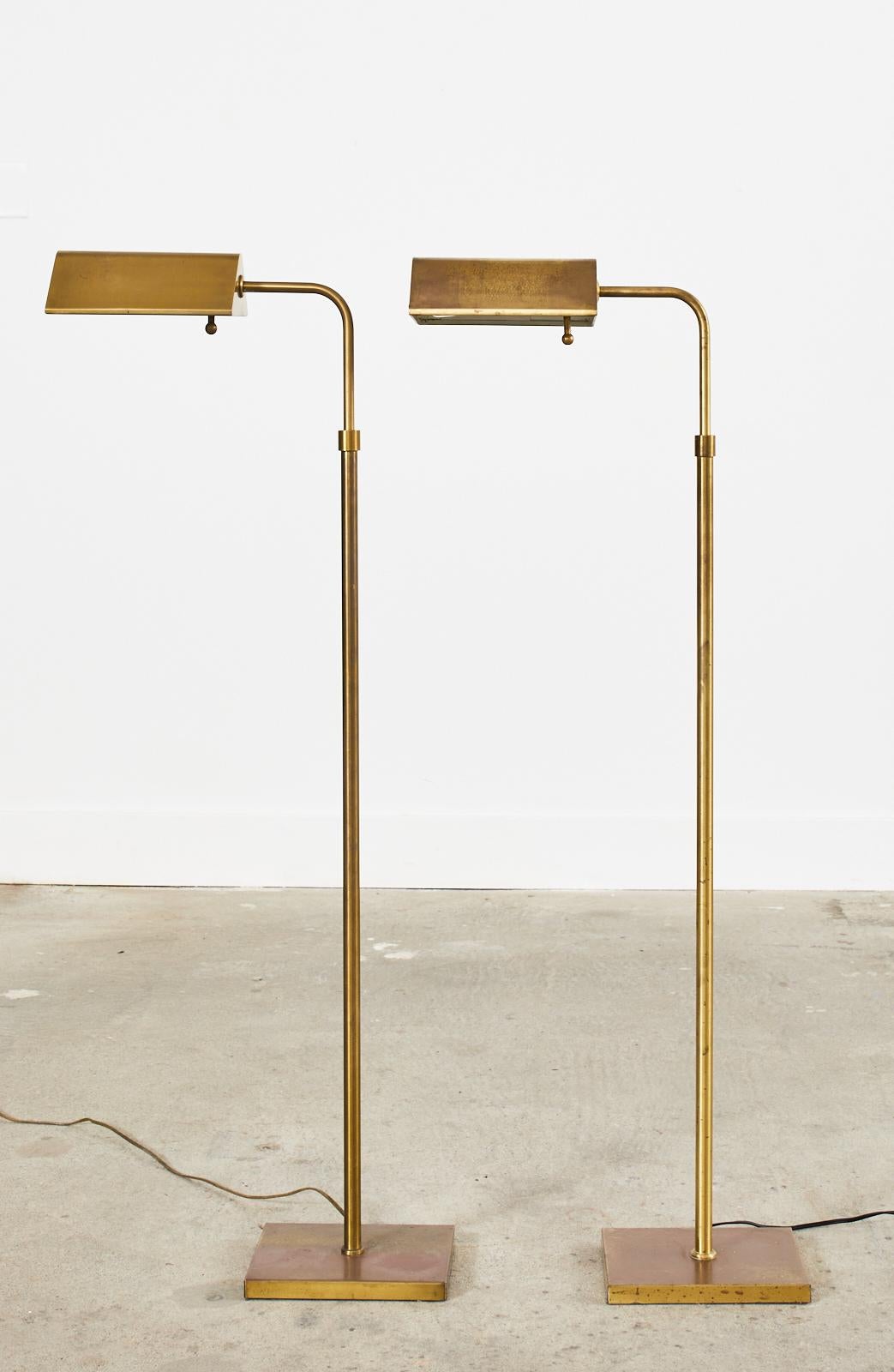 American Pair of Patinated Brass Adjustable Pharmacy Floor Lamps
