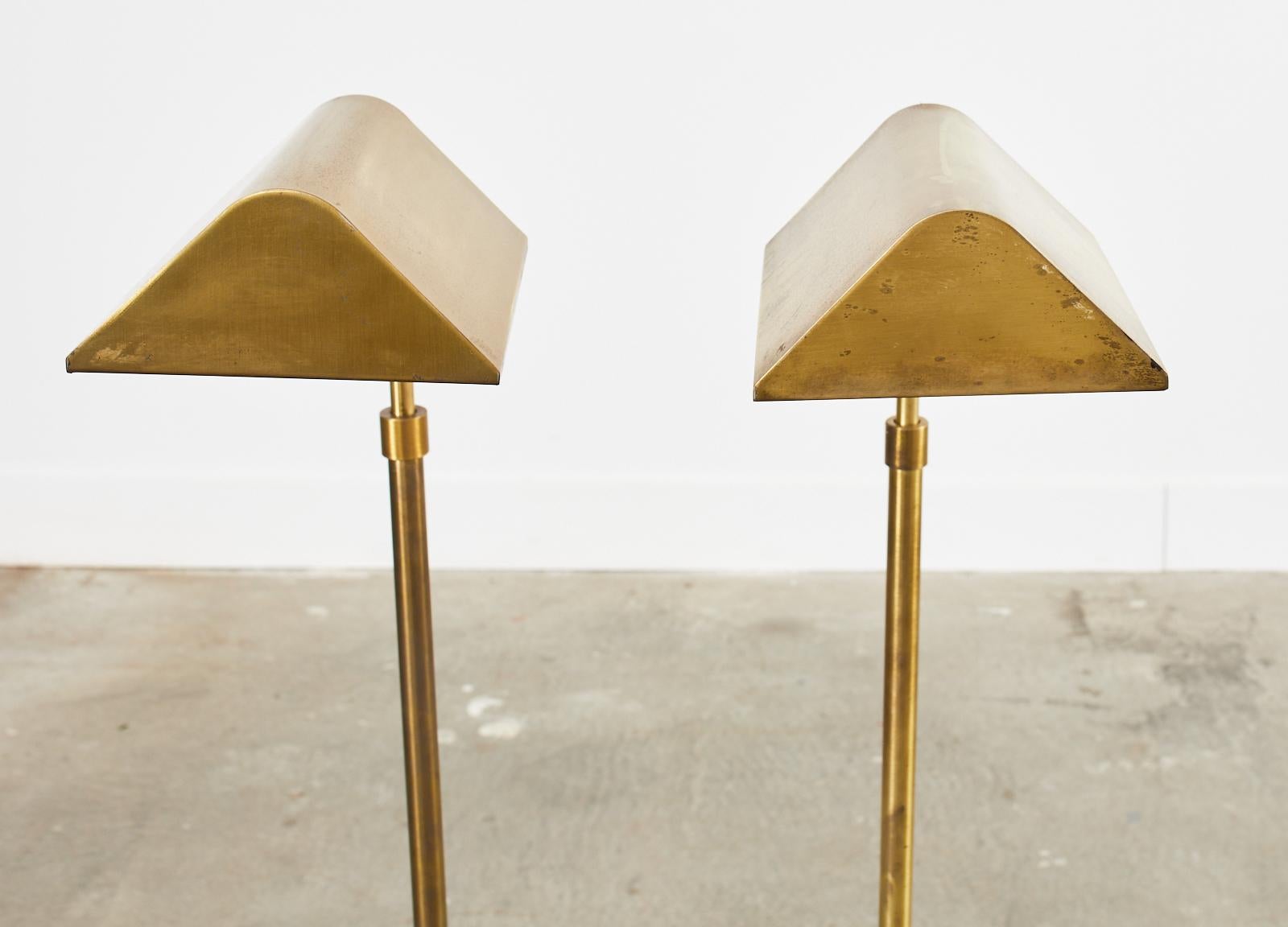 Pair of Patinated Brass Adjustable Pharmacy Floor Lamps 1