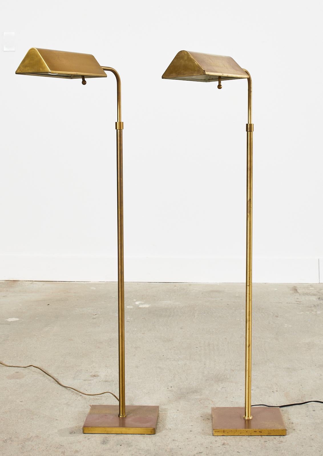 Pair of Patinated Brass Adjustable Pharmacy Floor Lamps 3