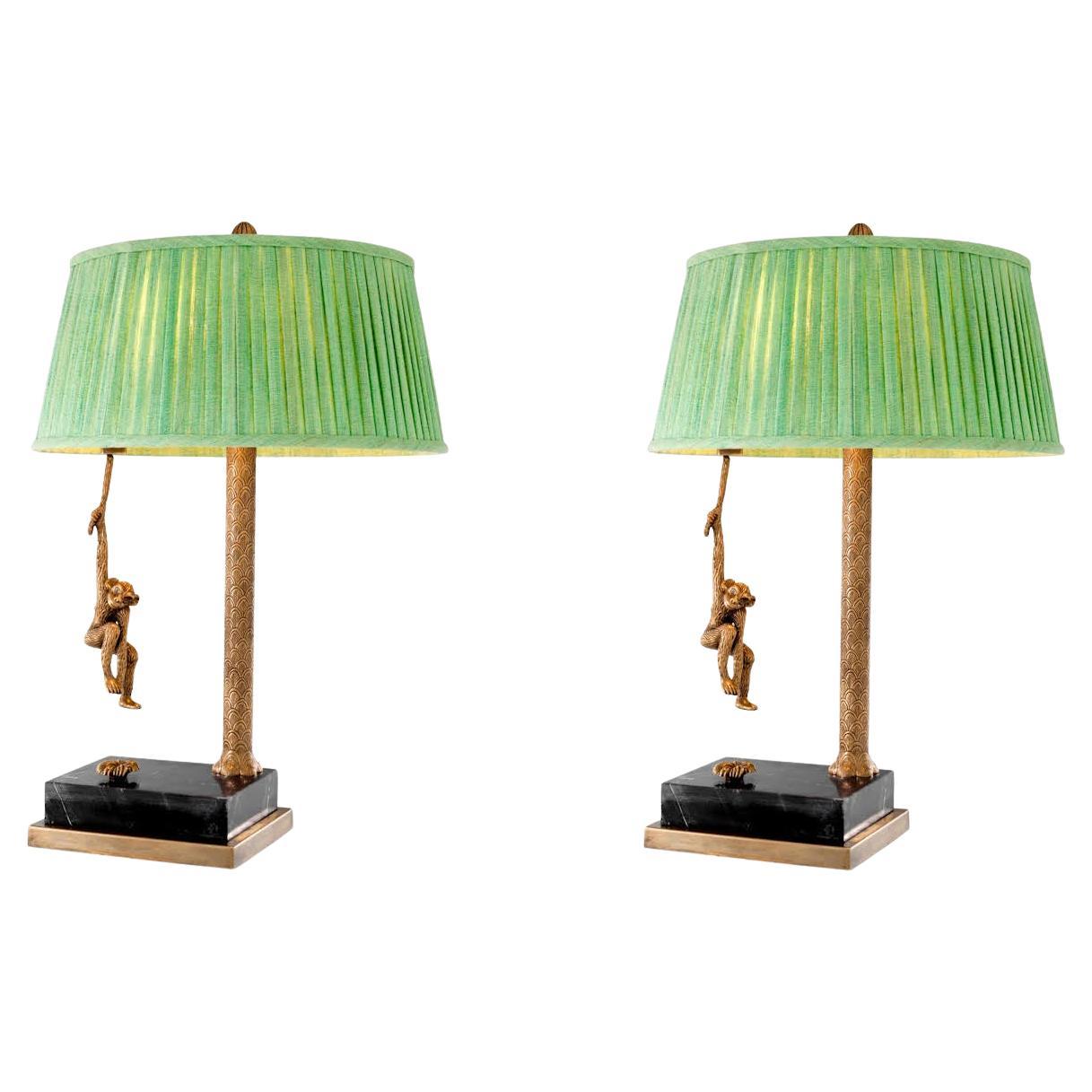 Pair of Patinated Brass and Black Marble Table Lamps. For Sale