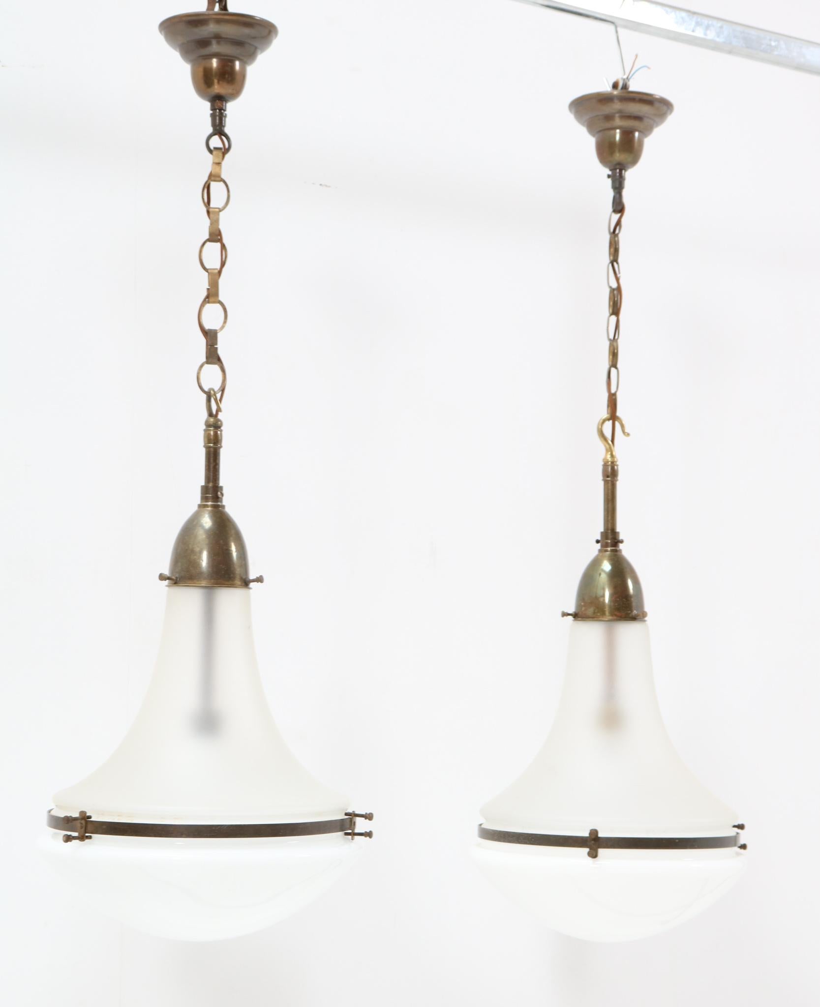 German Pair of Patinated Brass Art Nouveau Luzette Pendant Lamps by Peter Behrens, 1910