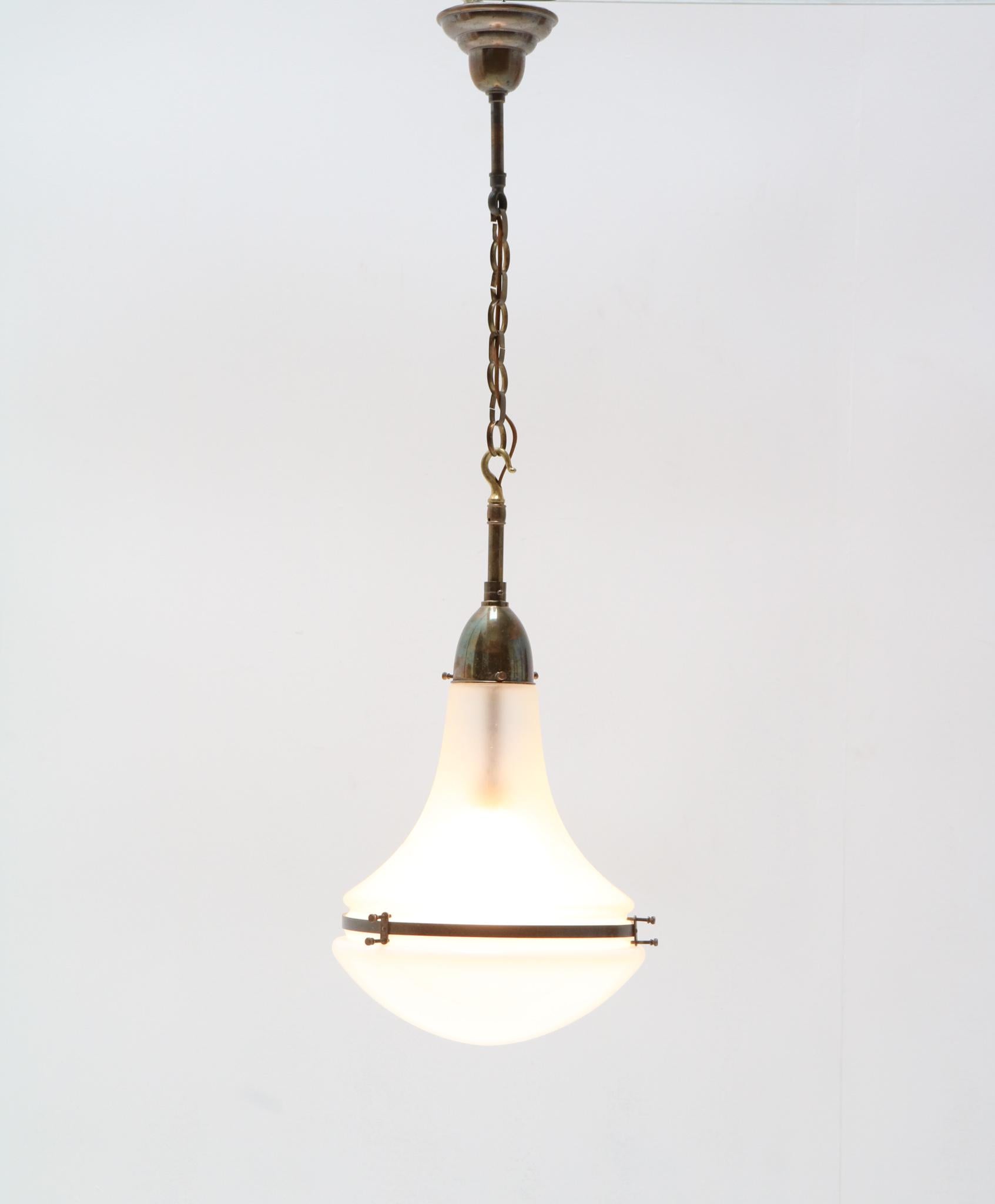 Early 20th Century Pair of Patinated Brass Art Nouveau Luzette Pendant Lamps by Peter Behrens, 1910