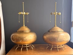 Pair of Patinated Brass Asian Style Lamps with Cast Bamboo Base
