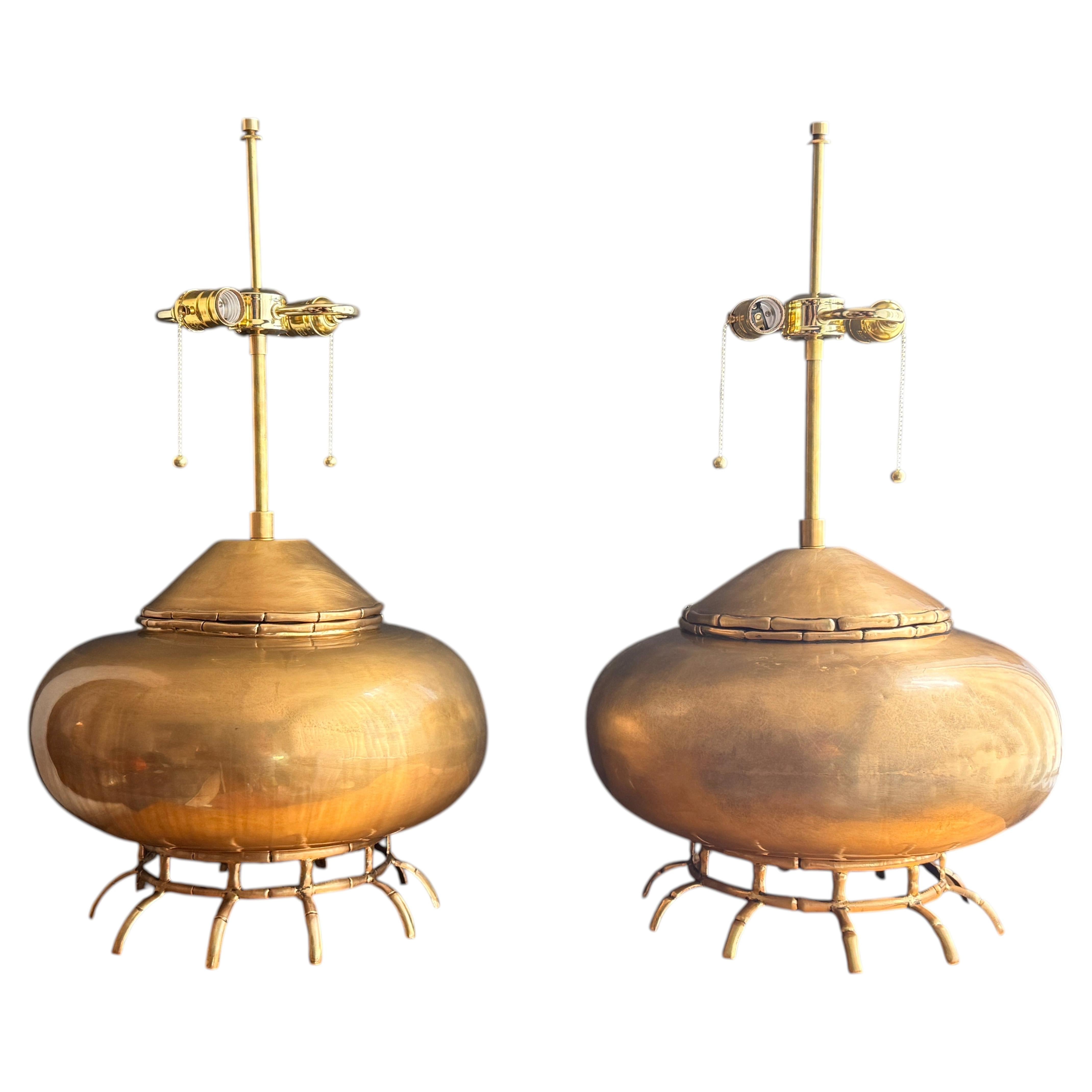 Pair of Patinated Brass Asian Style Lamps with Cast Bamboo Base
