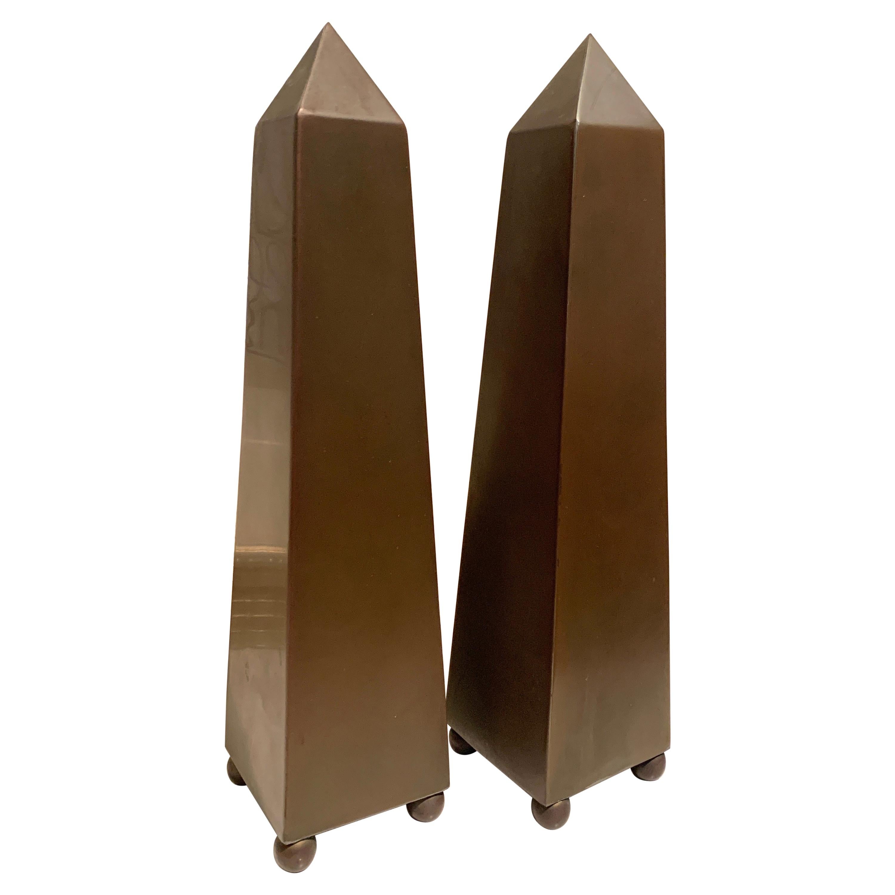 Pair of Patinated Brass Obelisks on Sphere Feet