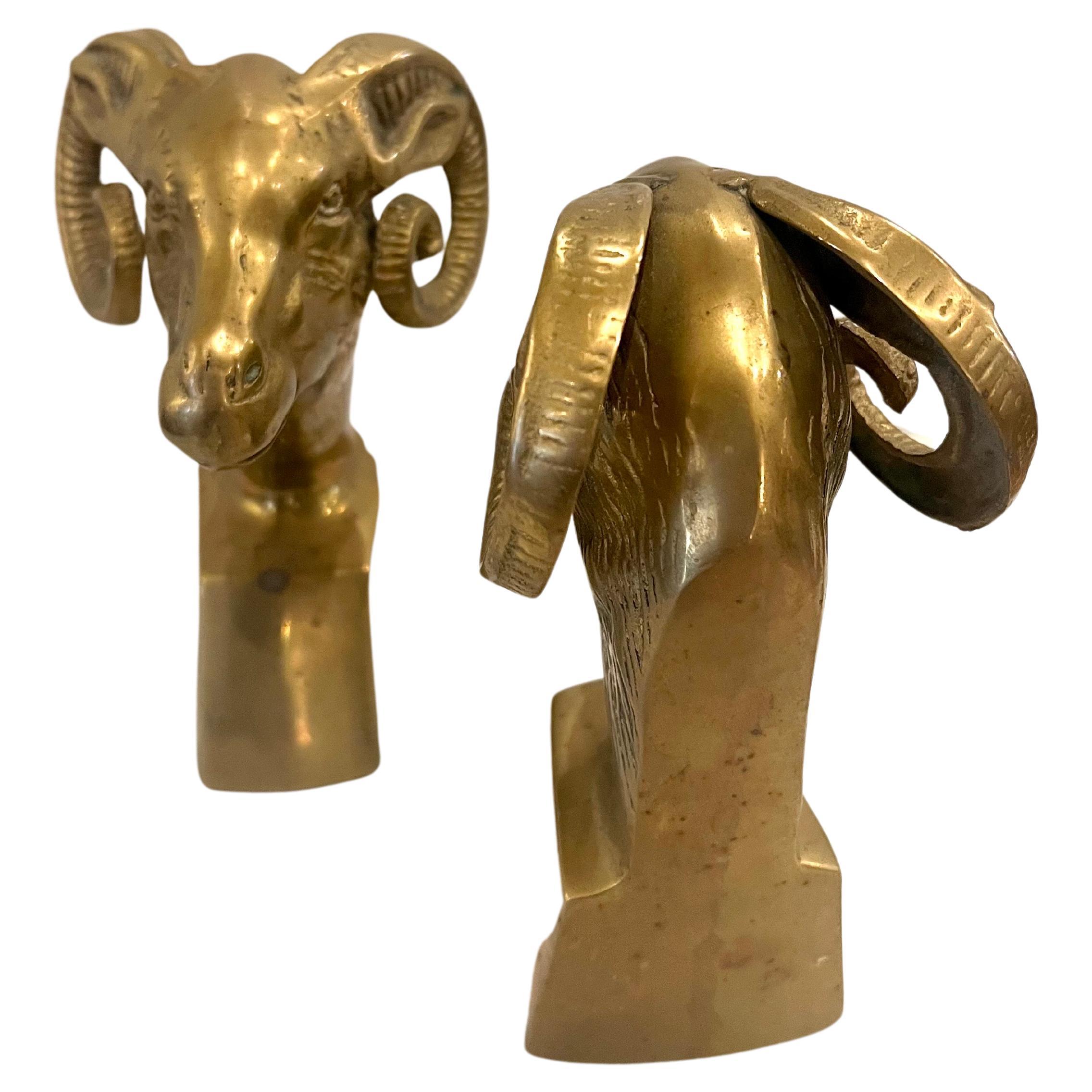 Mid-Century Modern Pair of Patinated Brass Rams Head Bookends, Midcentury For Sale