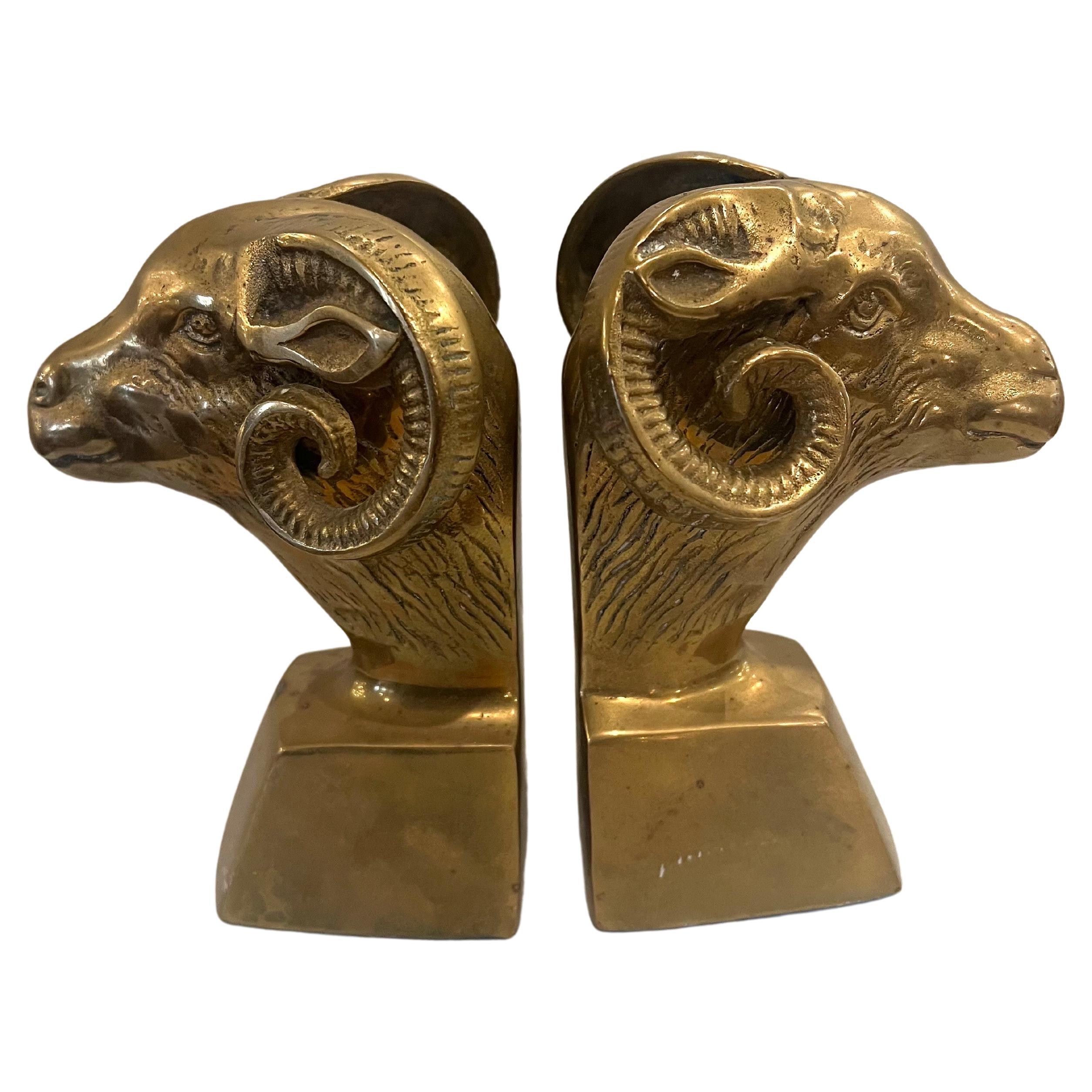 American Pair of Patinated Brass Rams Head Bookends, Midcentury For Sale