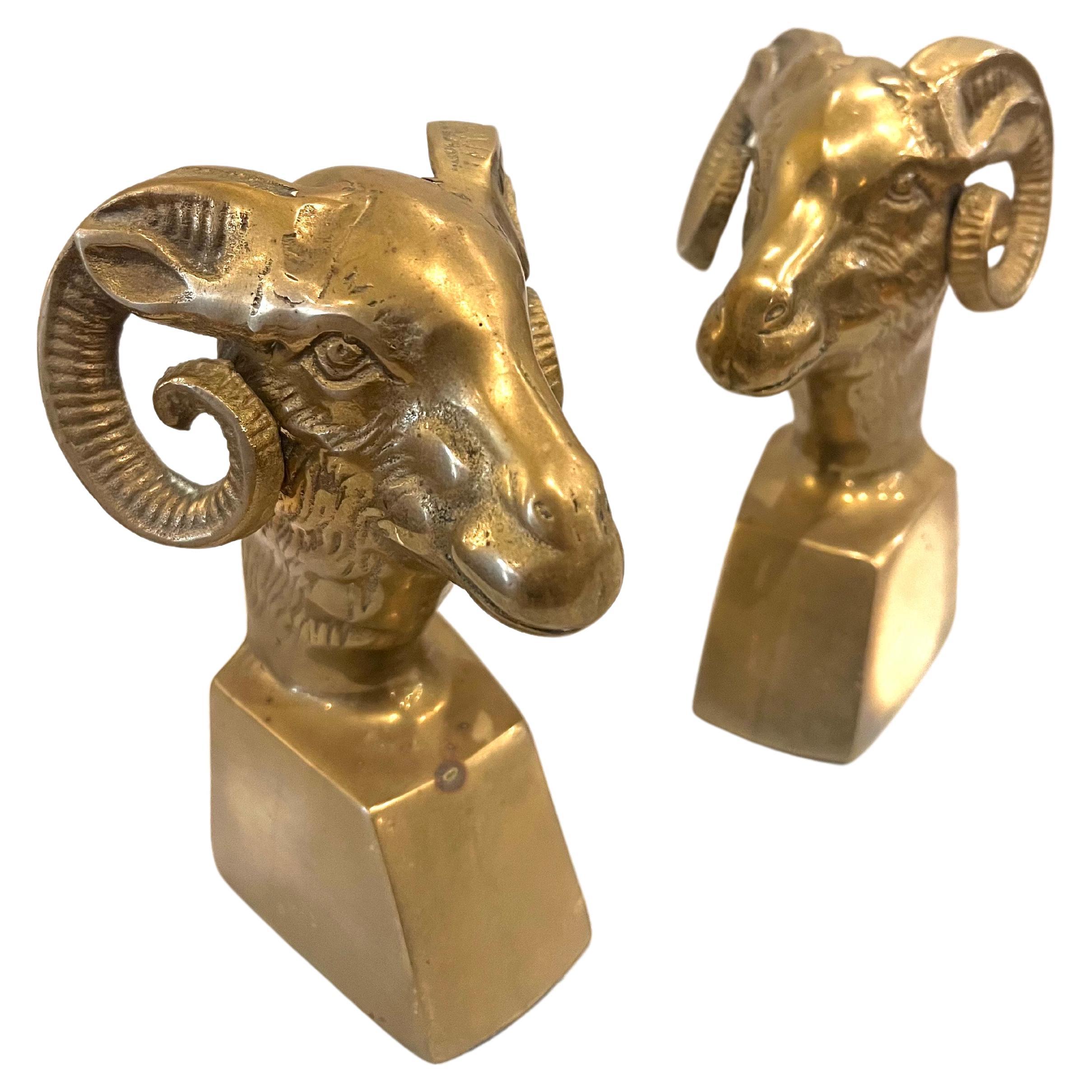 Pair of Patinated Brass Rams Head Bookends, Midcentury