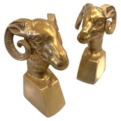 Vintage Pair of Patinated Brass Rams Head Bookends, Midcentury