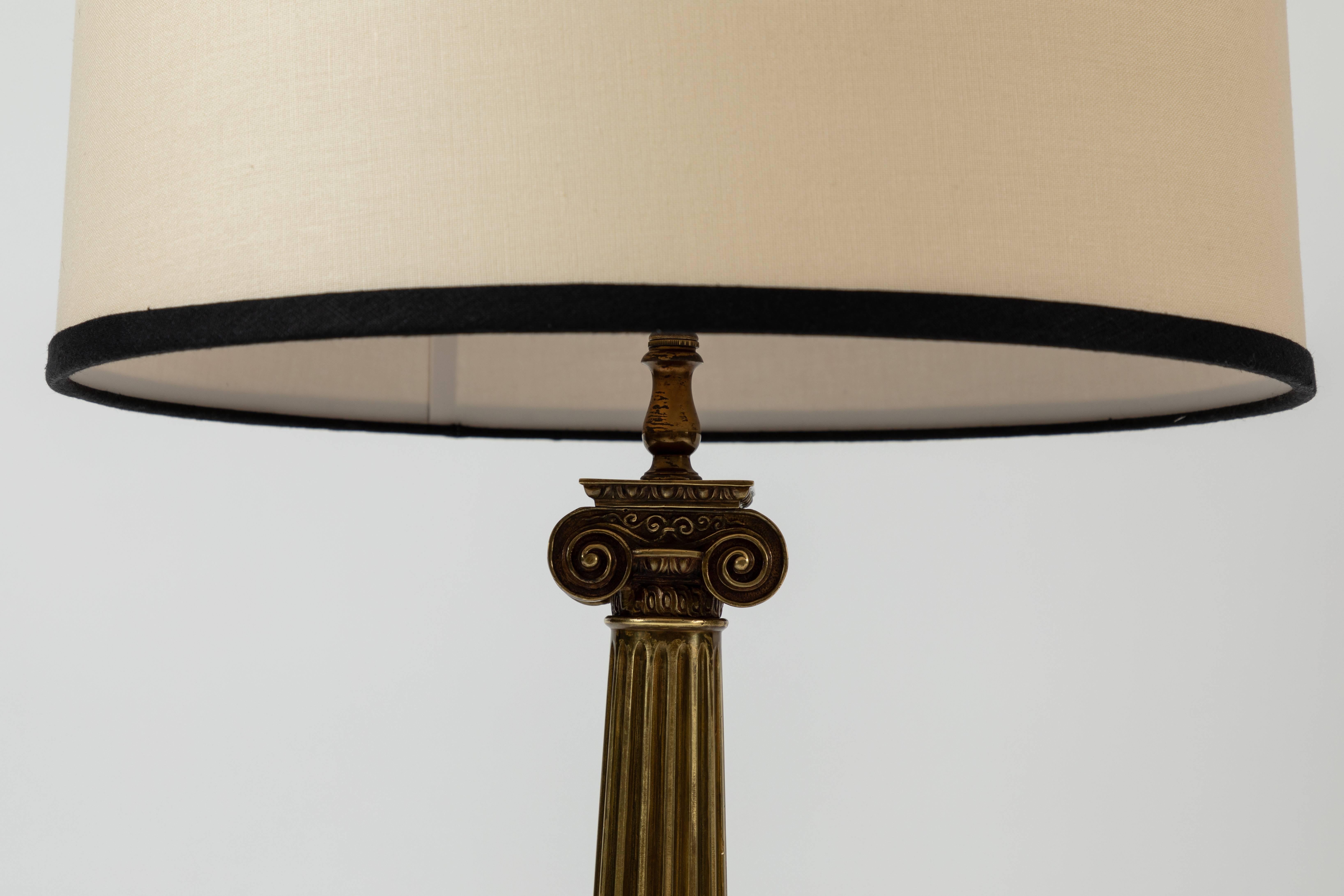 Classical Roman Pair of Patinated Brass Roman Column Table Lamps on Marble Bases