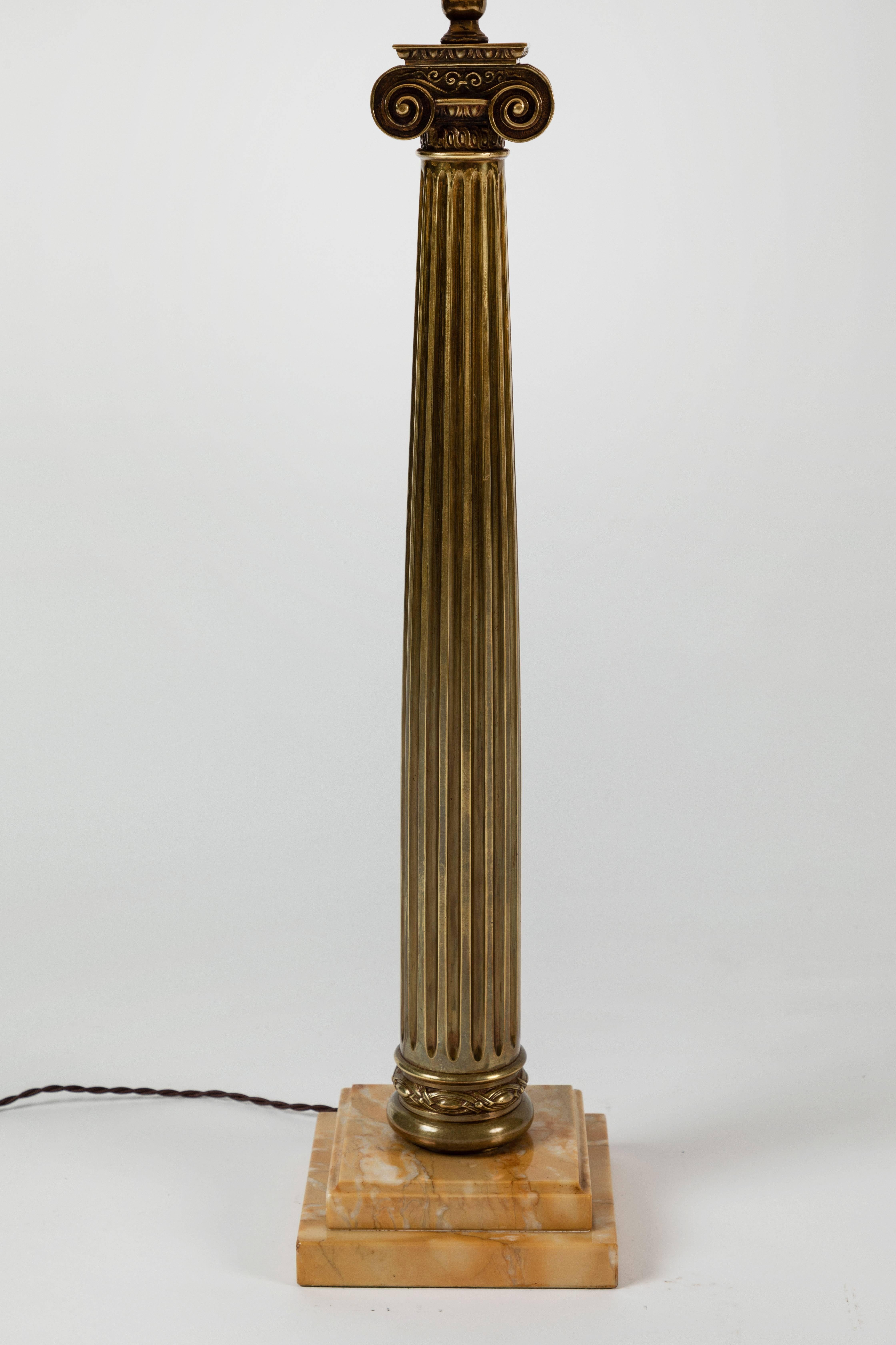 Italian Pair of Patinated Brass Roman Column Table Lamps on Marble Bases