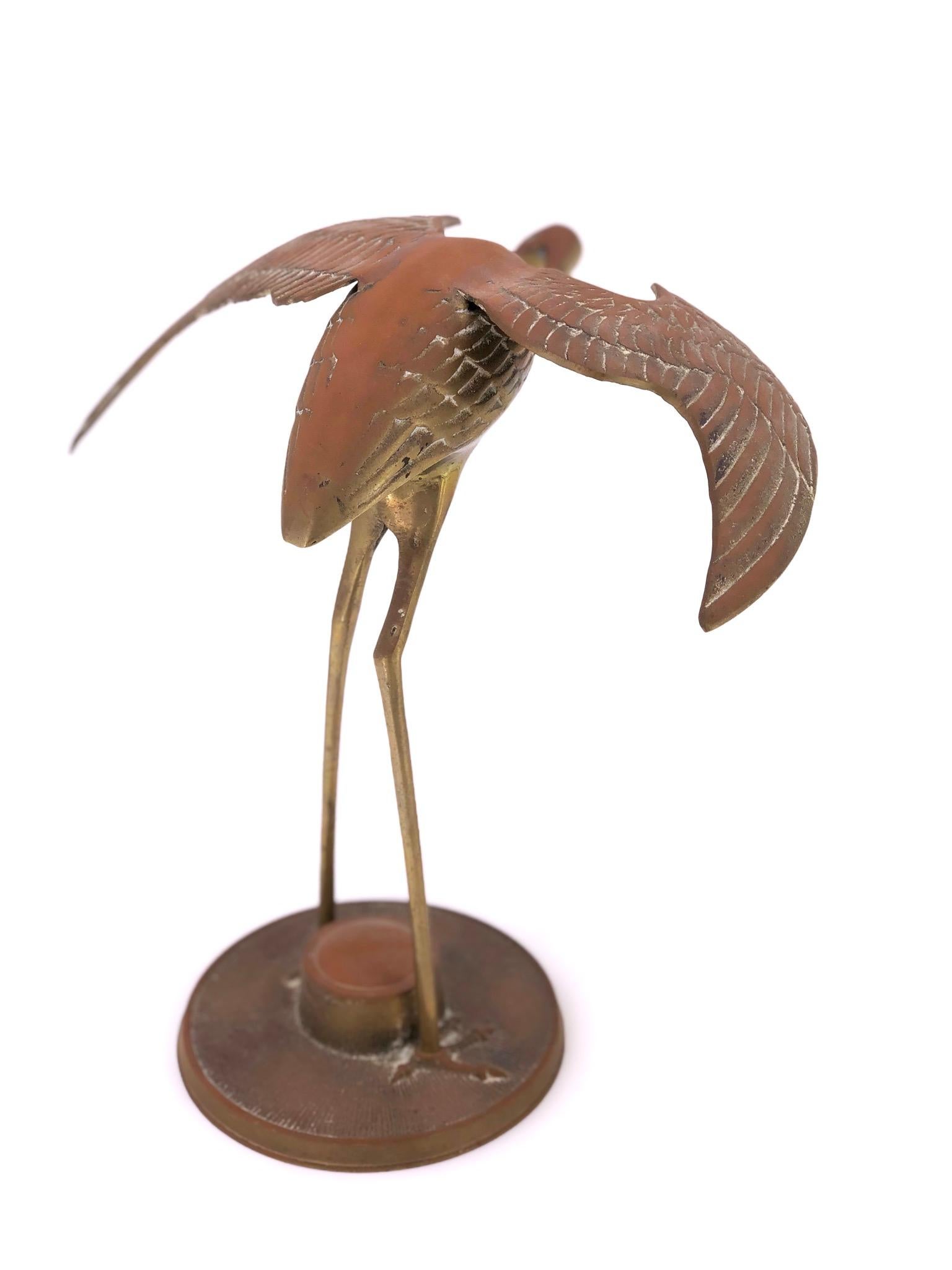 Hollywood Regency Pair of Patinated Brass Stork Flying Birds Sculptures